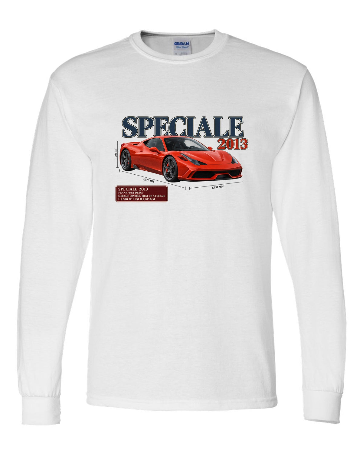 Archive panel print of the Ferrari 458 Speciale in red-orange white long sleeve front view with the design