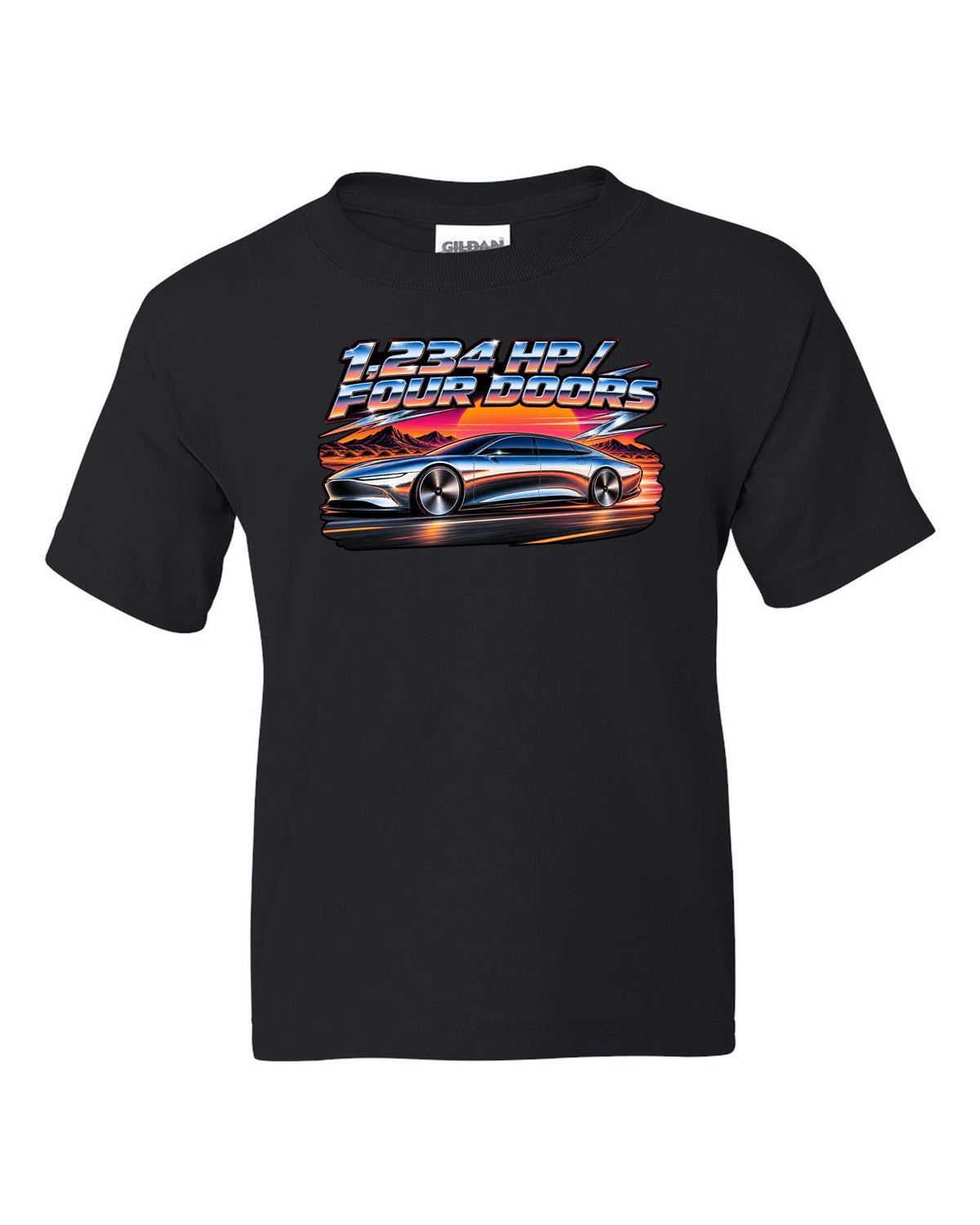 Lucid Air Sapphire 80s airbrush chrome poster print with the text 1,234 hp four doors black kids tee front view with the design