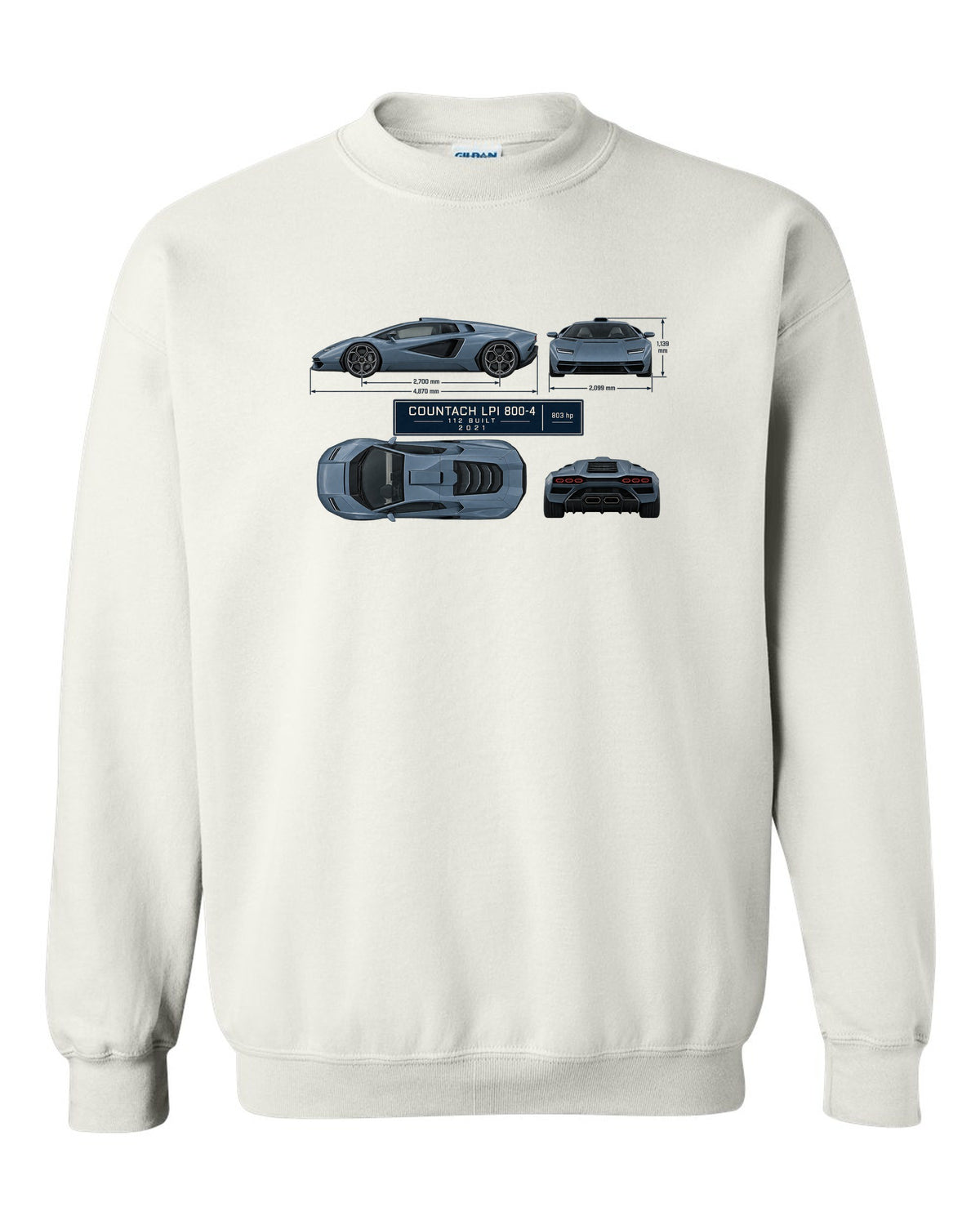 Lamborghini Countach LPI 800-4 dimension blueprint print with 112 built 2021 lettering white crewneck front view with the design