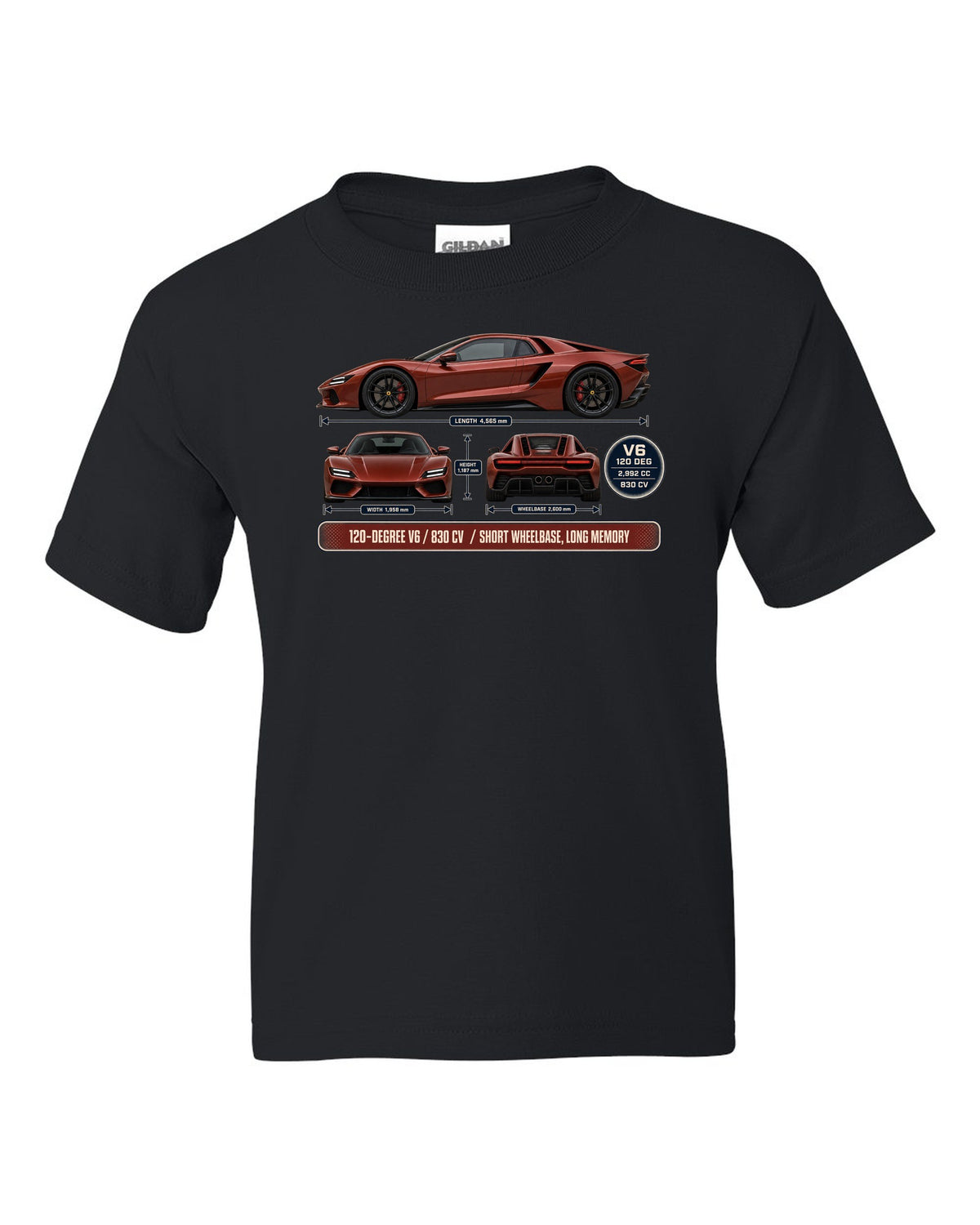 print three-view drawing with spec table of a Ferrari 296 GTB in brick red black kids tee front view with the design