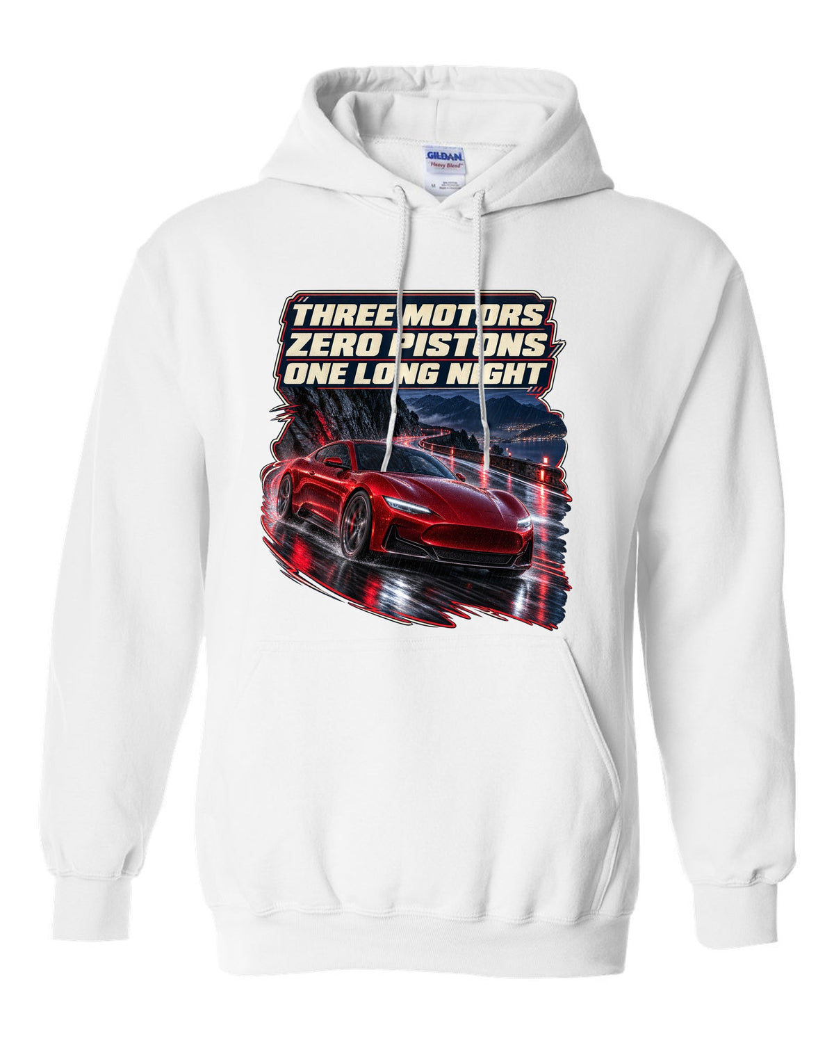 Maserati GranTurismo Folgore night street print white pull over hoodie front view with the design