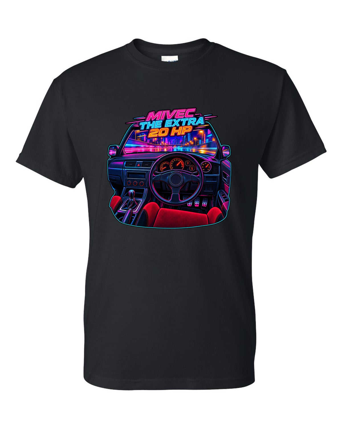 Neon cyberpunk gauge cluster cockpit of a Mitsubishi Lancer Evolution IX MR black t-shirt front view with the design