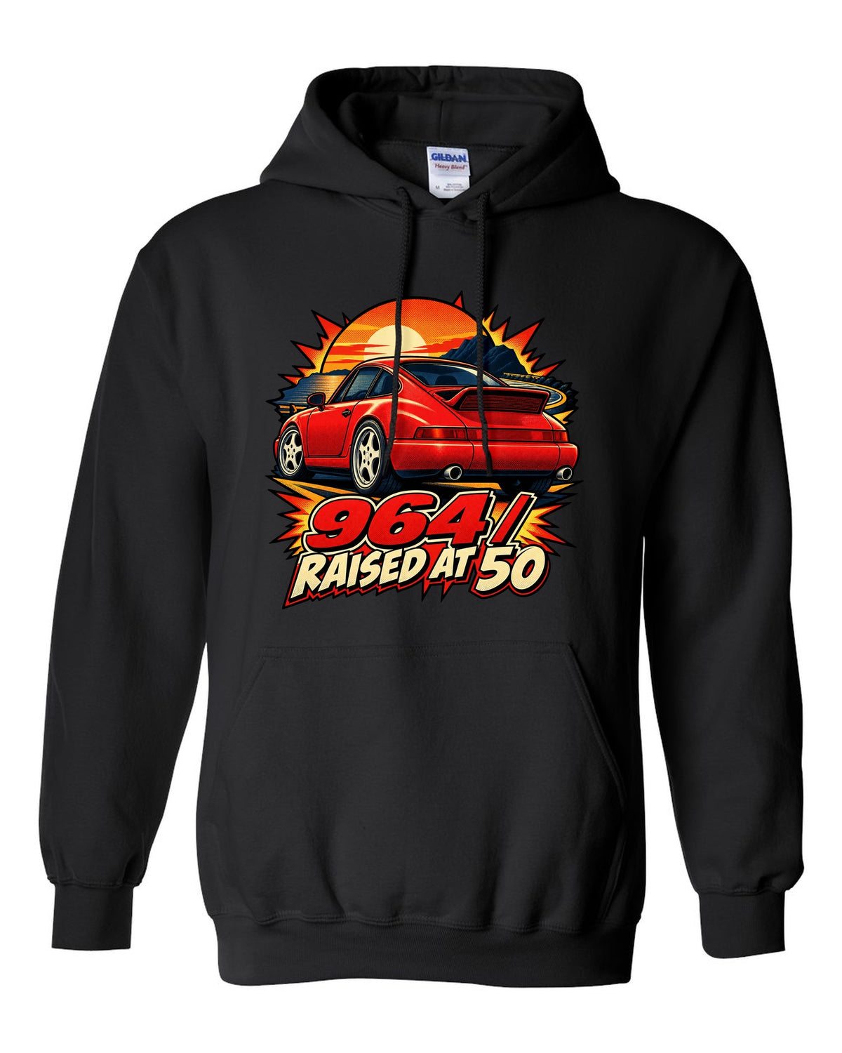 Comic dot-ink illustration of a Porsche 911 Carrera 964 with its spoiler raised black pull over hoodie front view with the design