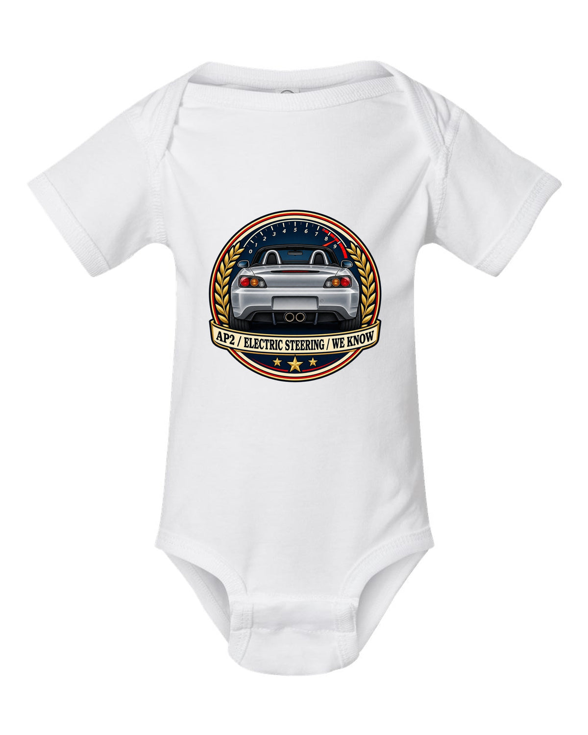 Crest layout print for the Honda S2000 AP2 with electric steering joke text white baby onesie front view with the design