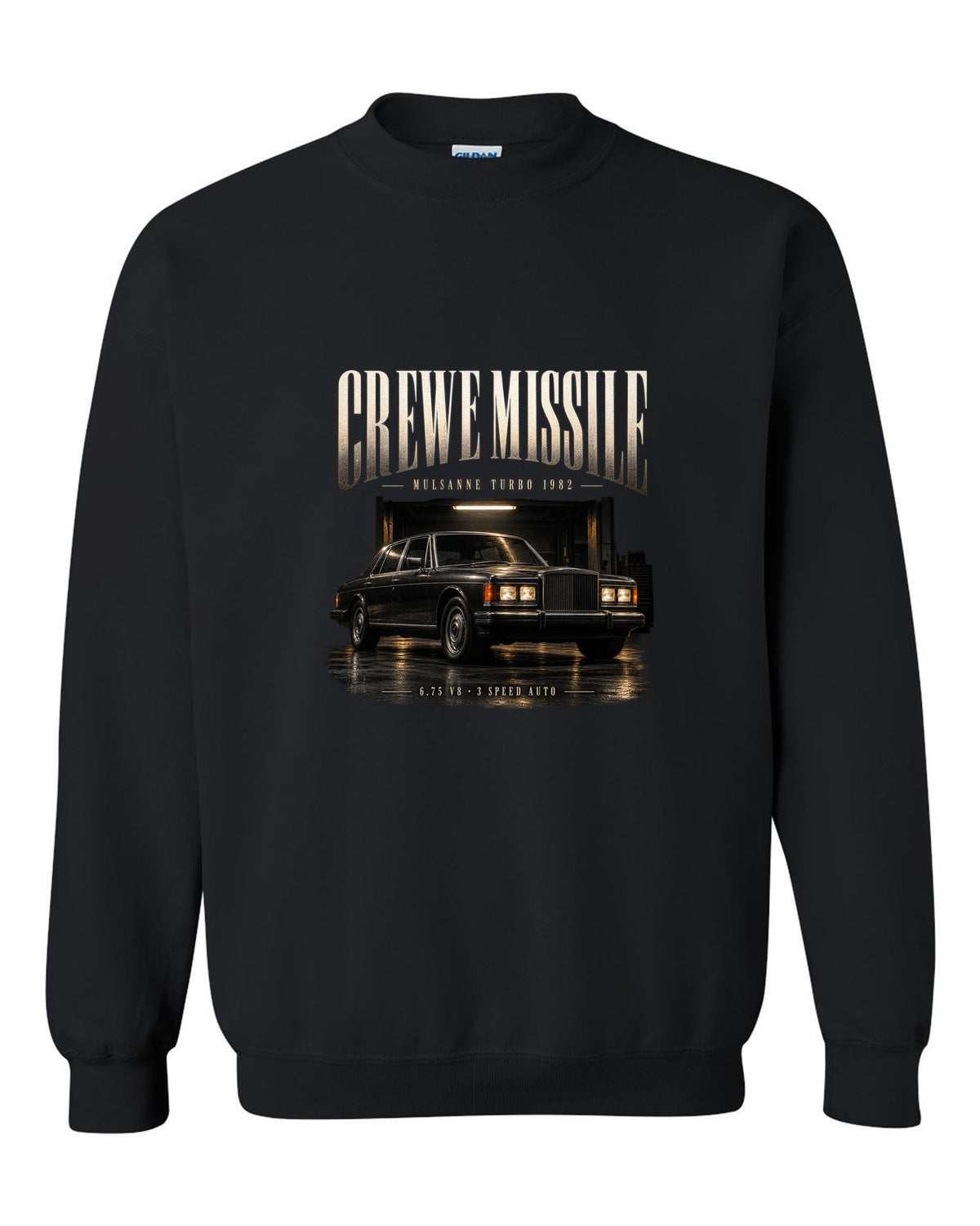 Bentley Mulsanne Turbo 1982 in a garage at night black crewneck front view with the design