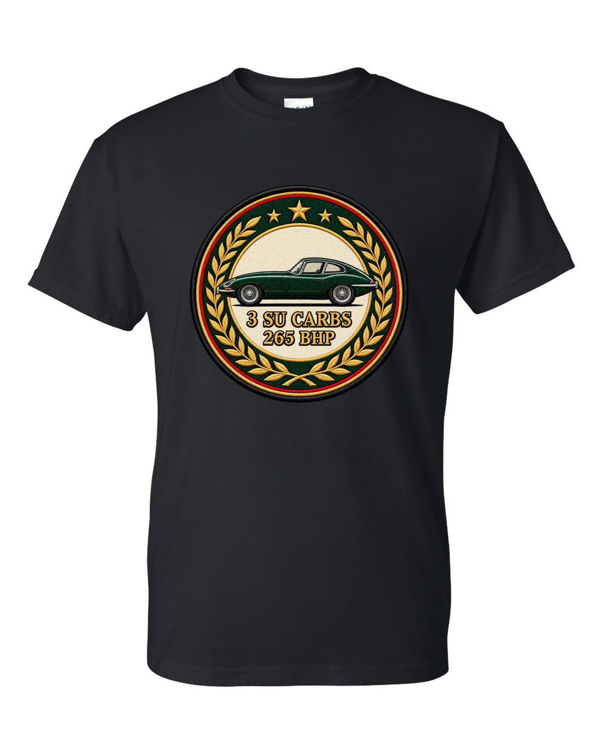 Varsity embroidery-style long bonnet print for the 1961 Jaguar E-Type Series 1 with 3 SU carbs and 265 bhp lettering black t-shirt front view with the design