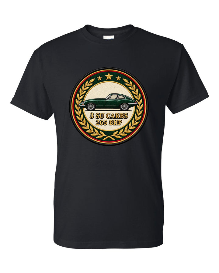Varsity embroidery-style long bonnet print for the 1961 Jaguar E-Type Series 1 with 3 SU carbs and 265 bhp lettering black t-shirt front view with the design