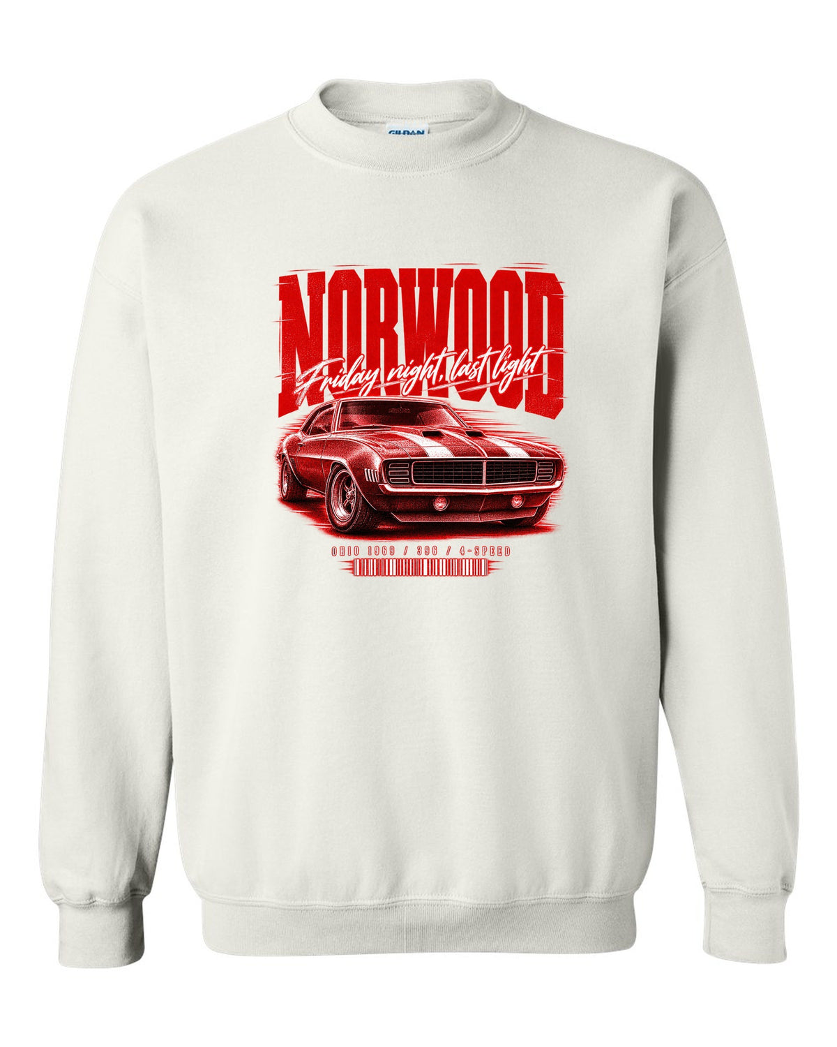 Street-poster print of a 1969 Chevrolet Camaro in Norwood, Ohio with 396 4-speed text white crewneck front view with the design