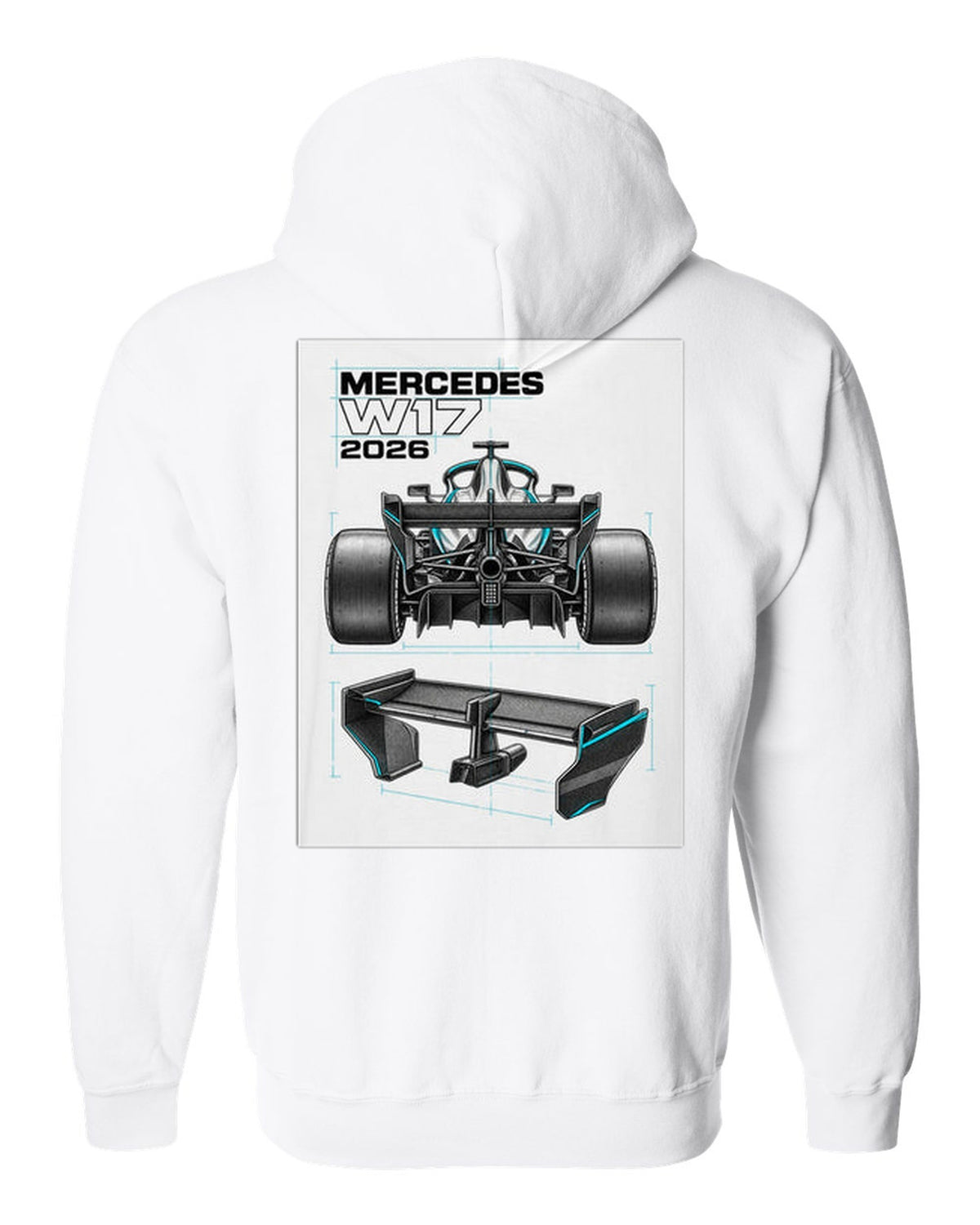 Mercedes W17 2026 F1 car technical poster artwork white zip hoodie back view with the design