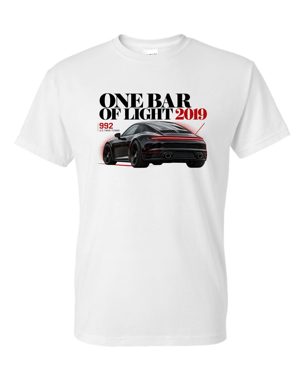 Editorial headline print of a Porsche 911 Carrera S 992 with One Bar Of Light caption white t-shirt front view with the design