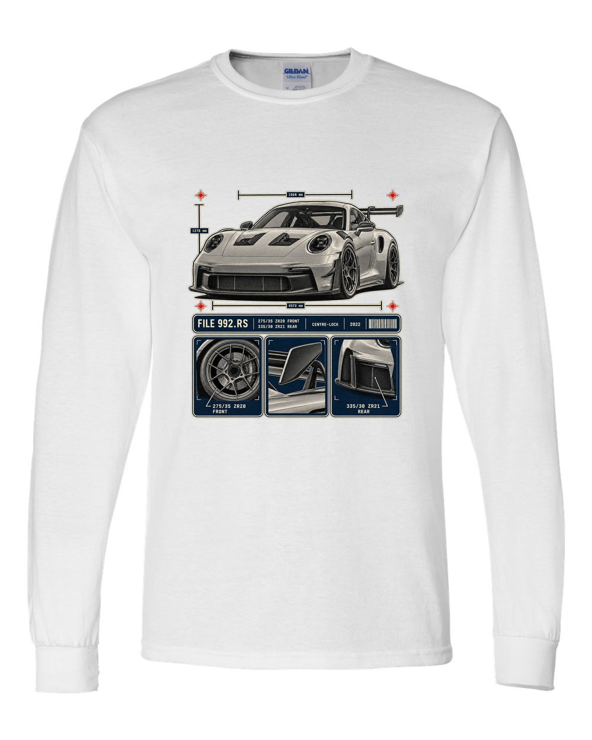 Porsche 992 GT3 RS dossier panels print design white long sleeve front view with the design