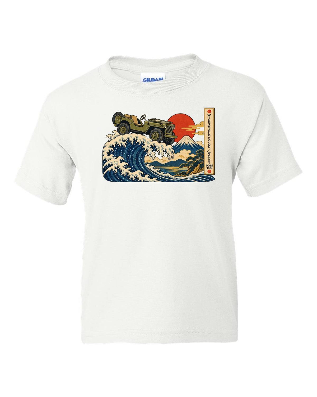 Ukiyo-e woodblock great wave print of a Willys MB with windshield joke text white kids tee front view with the design