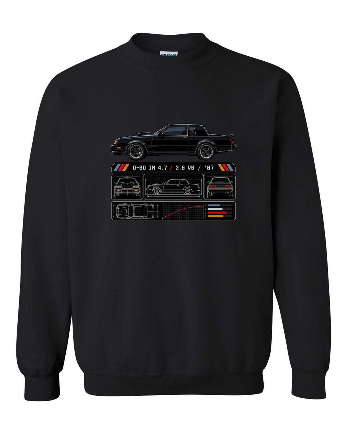 Spec-sheet print for a 1987 Buick Grand National with the text 0-60 in 4.7, 3.8 V6, '87 black crewneck front view with the design