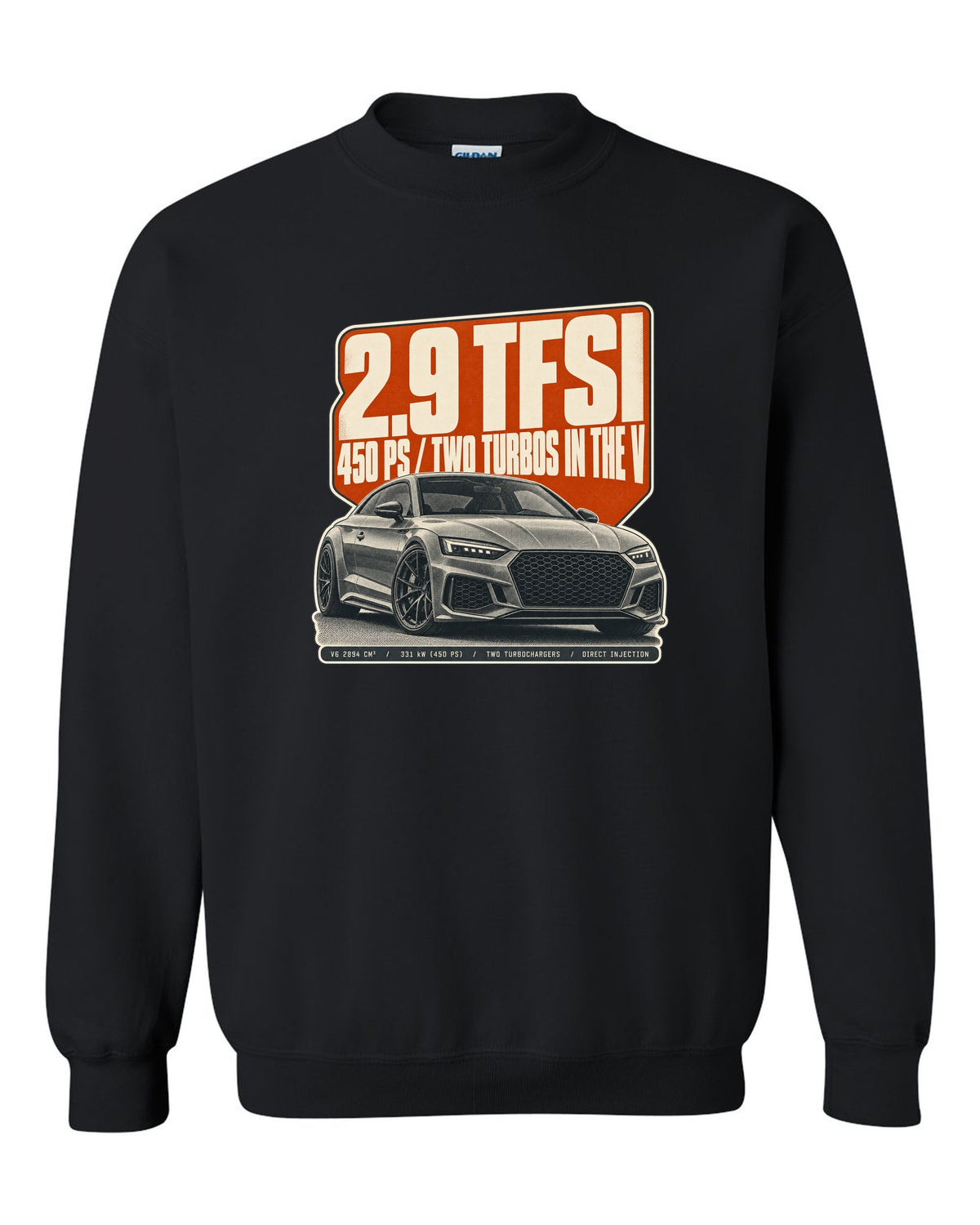 Halftone print of an Audi RS5 Coupe B9 with 2.9 TFSI and 450 PS text black crewneck front view with the design
