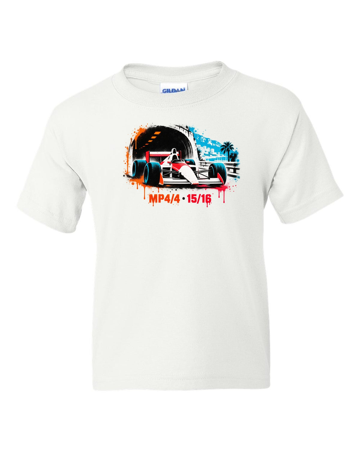 Stencil spray art of the McLaren MP4/4 Formula 1 car with 15/16 lettering white kids tee front view with the design
