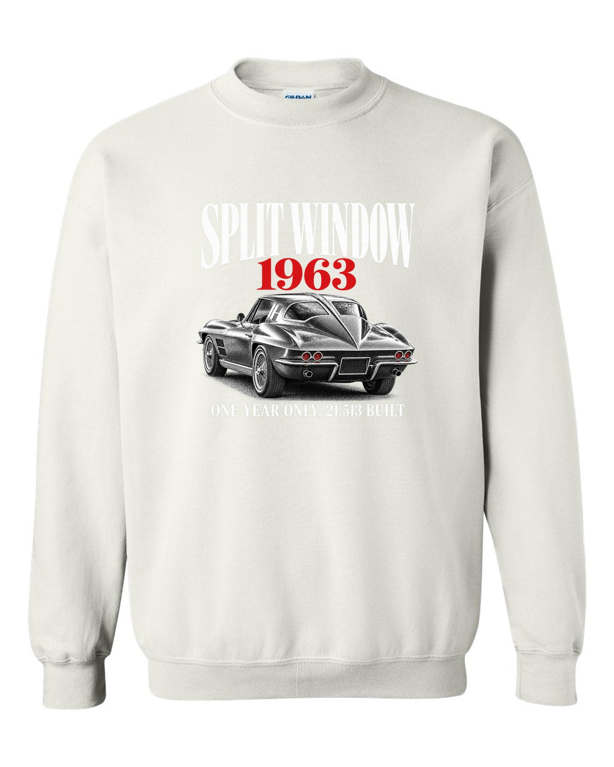 Chevrolet Corvette C2 Sting Ray 1963 split-window coupe editorial print white crewneck front view with the design