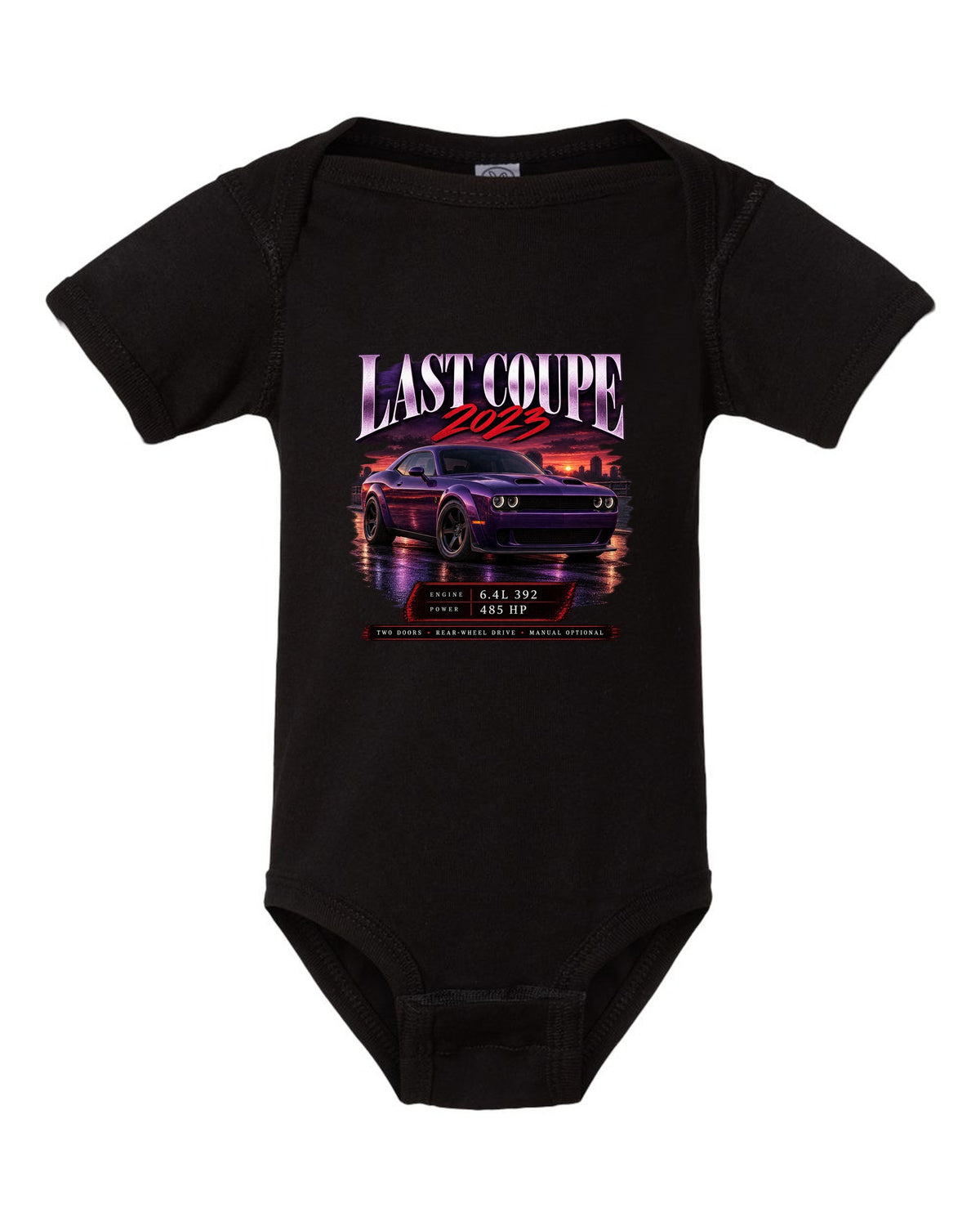 2023 Dodge Challenger Scat Pack Widebody archive panel print with last coupe lettering black baby onesie front view with the design