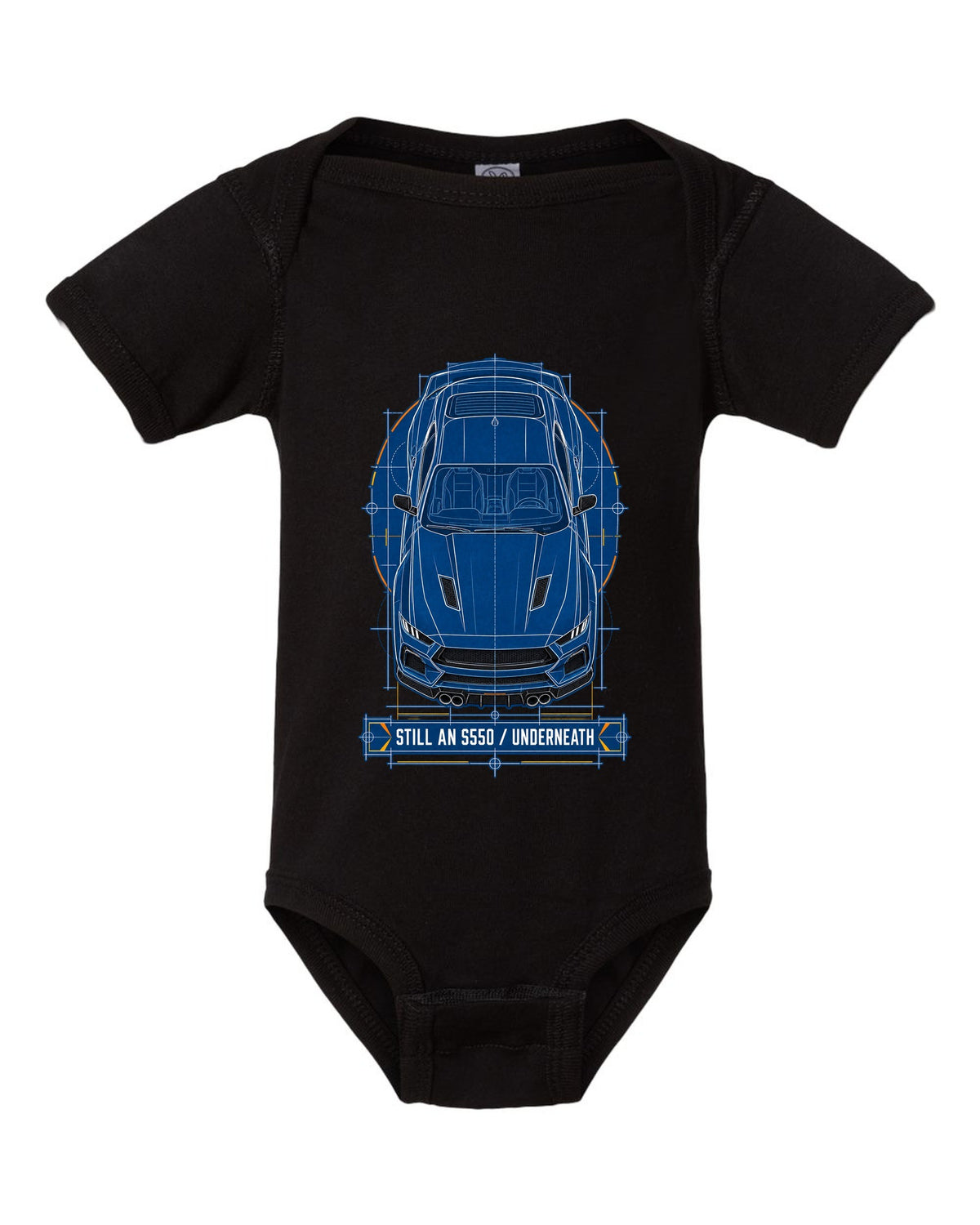 Cyanotype negative blueprint top view print of a 2024 S650 Mustang with Still An S550 Underneath black baby onesie front view with the design