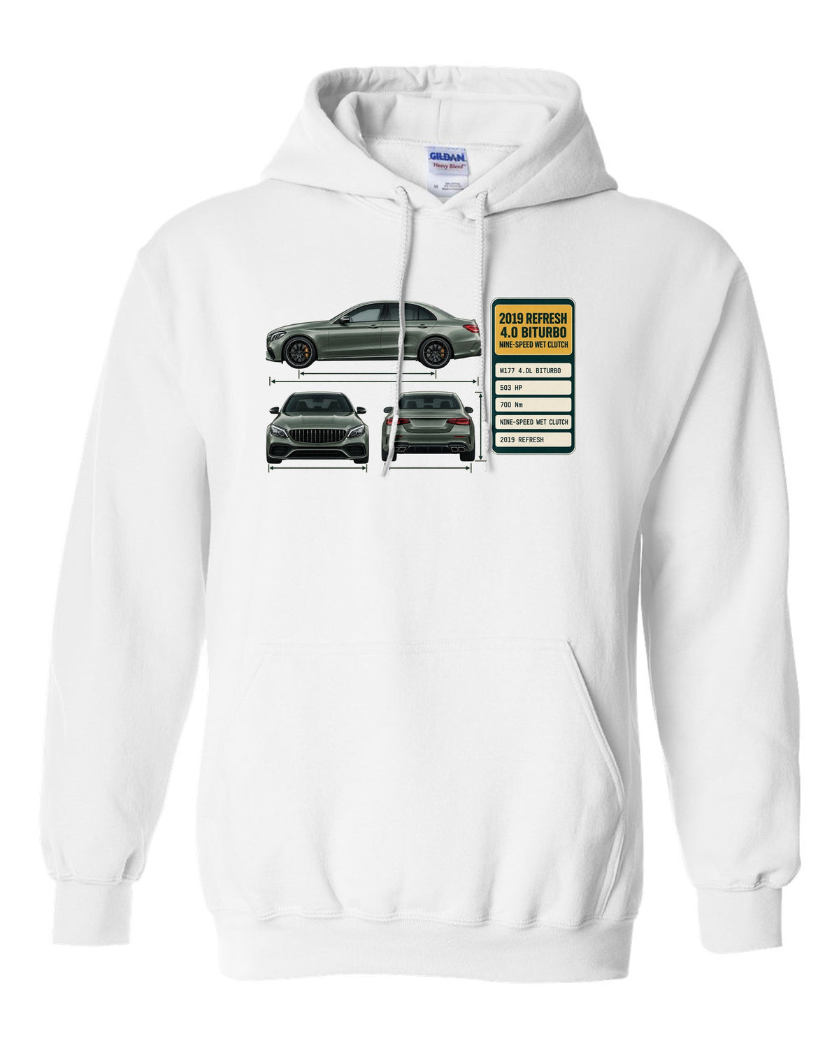 Spec poster print of a Mercedes-AMG C63 S W205 facelift sedan white pull over hoodie front view with the design