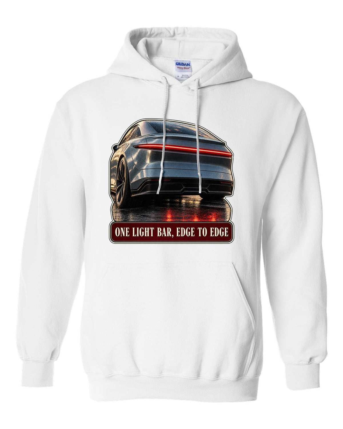 Taillight macro print of a Lucid Air Sapphire with a single light bar white pull over hoodie front view with the design