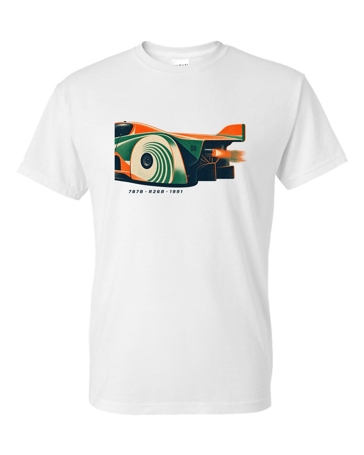 Risograph print of a Mazda 787B wheel and exhaust with R26B and 1991 text white t-shirt front view with the design