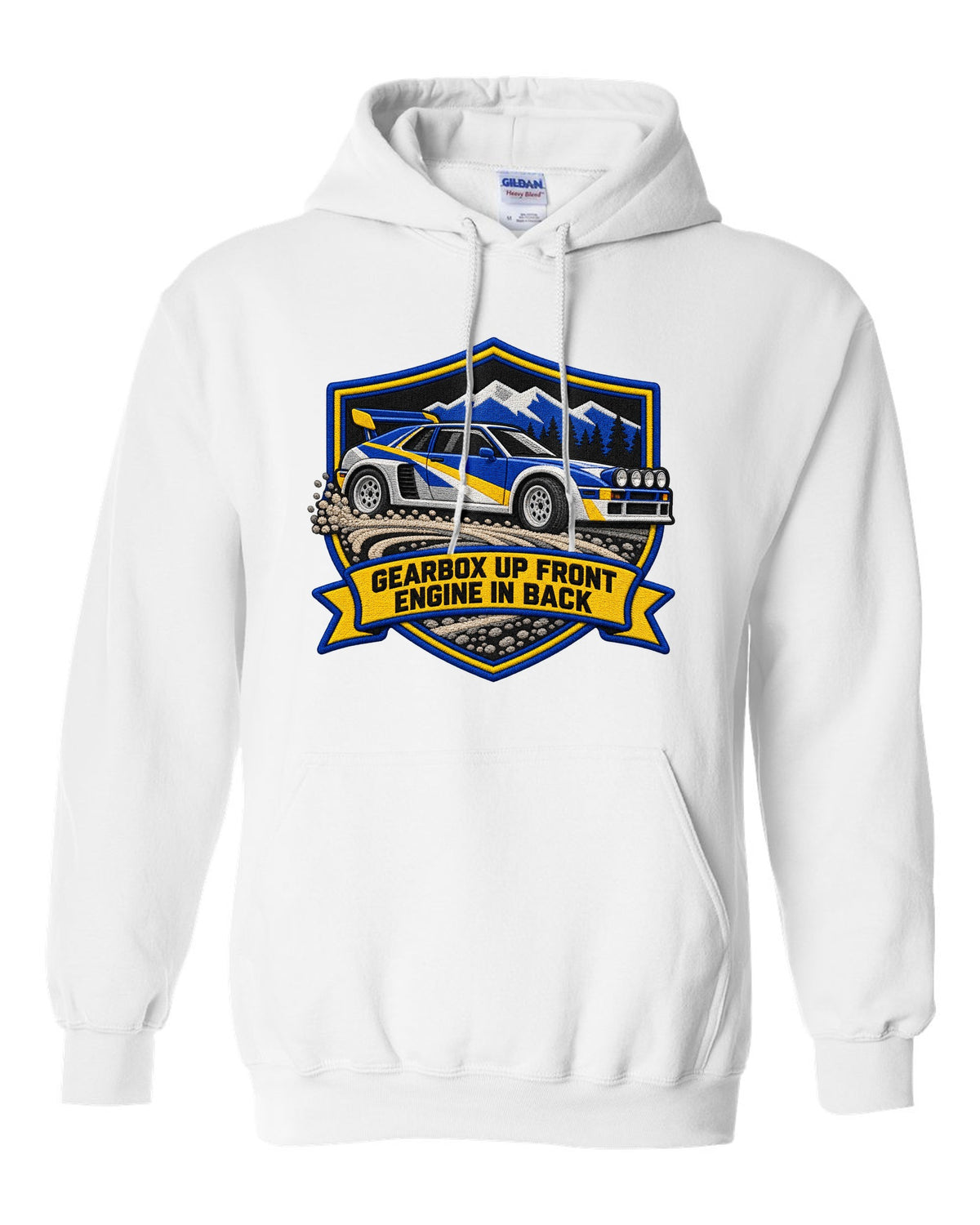 Varsity crest print of the Ford RS200 with gearbox up front, engine in back text white pull over hoodie front view with the design