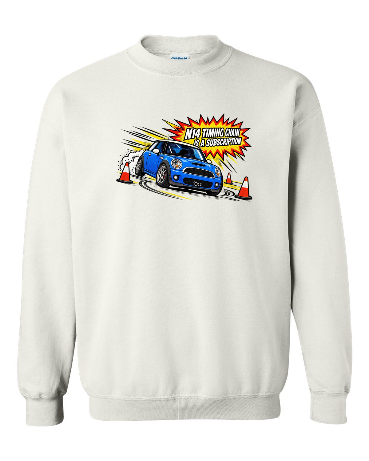 Comic halftone pop-art Mini Cooper S R56 with N14 timing chain joke white crewneck front view with the design