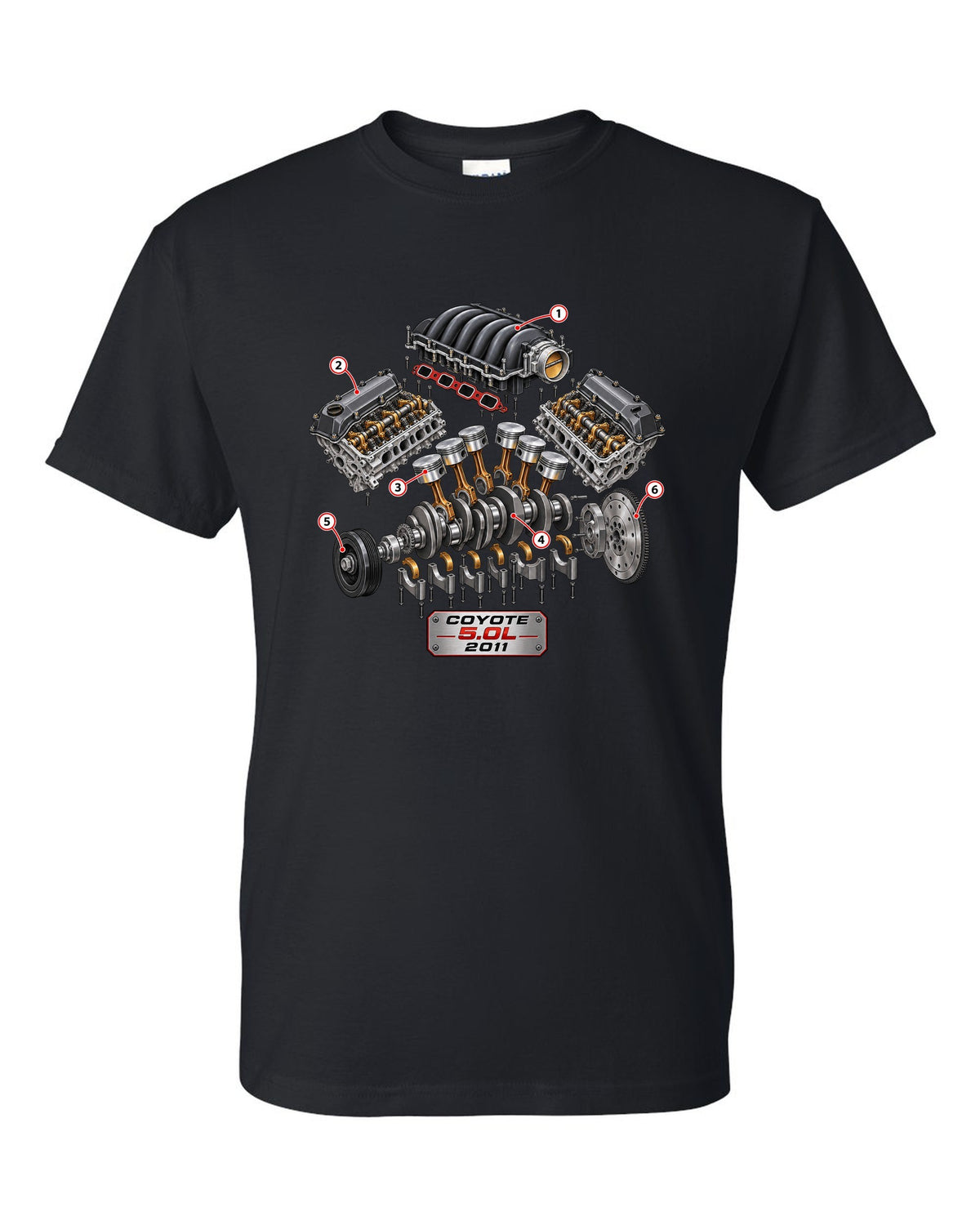 Isometric exploded cutaway of a Ford Coyote 5.0L engine for the S197 Mustang black t-shirt front view with the design