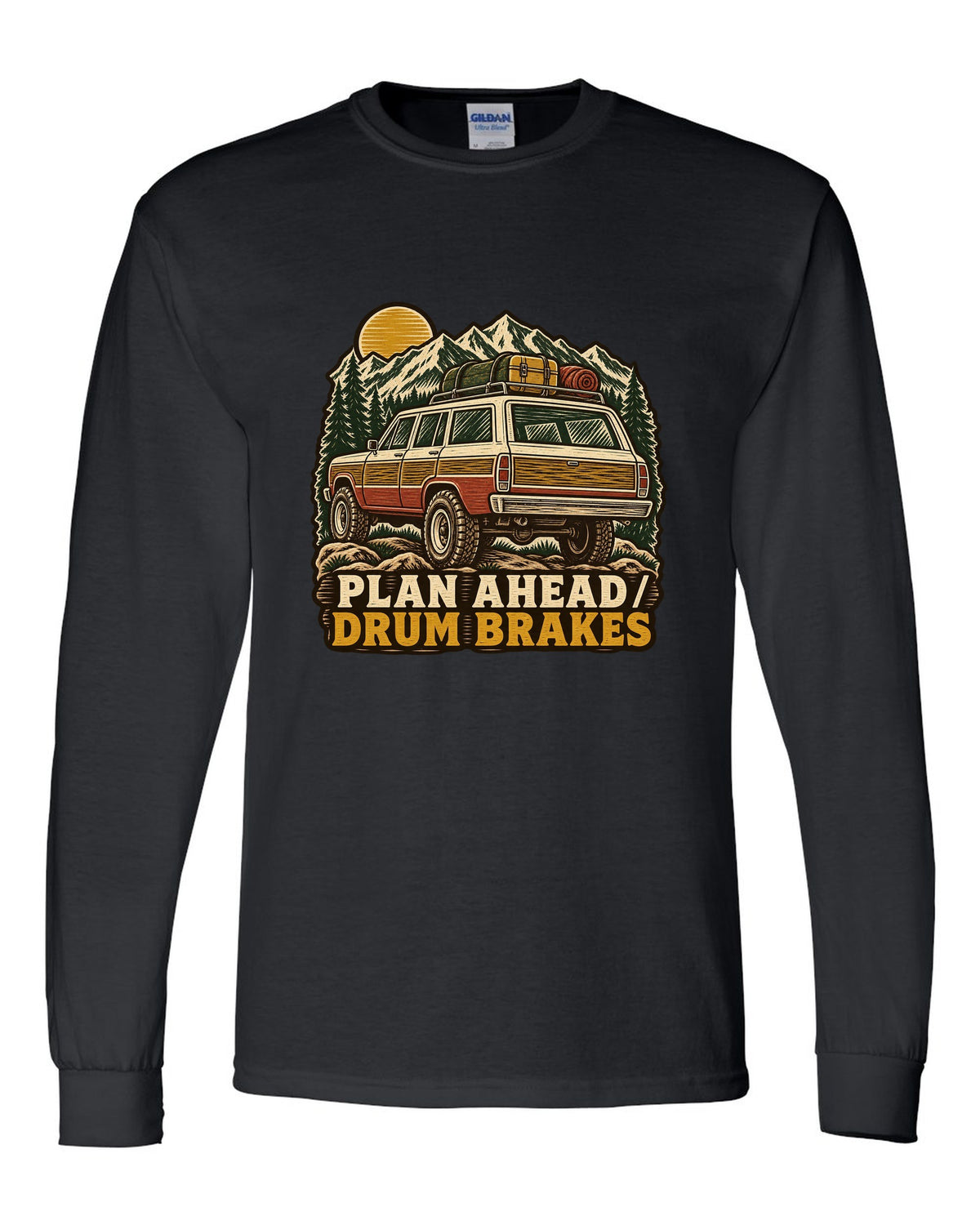 Linocut woodcut of a Toyota Land Cruiser FJ55 with Plan Ahead Drum Brakes lettering black long sleeve front view with the design