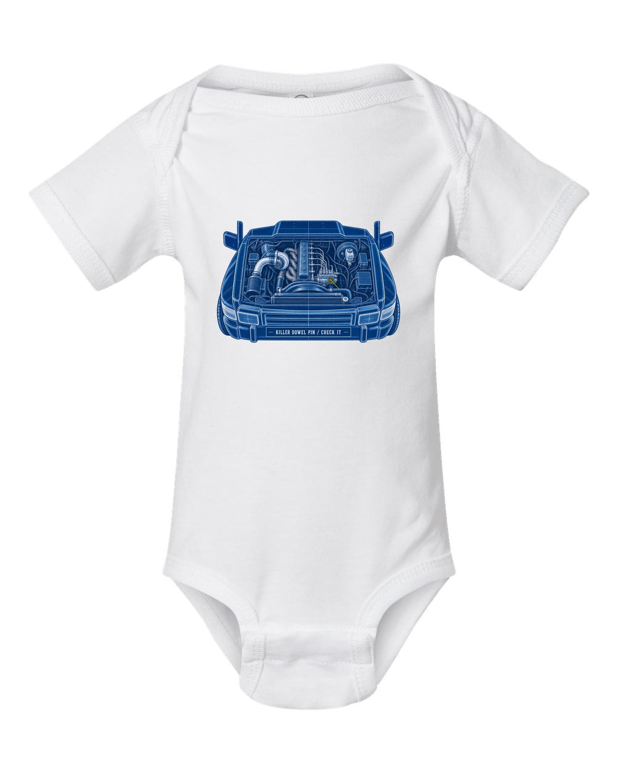 Cyanotype blueprint print of a 1994-1998 Dodge Ram 12V 5.9 Cummins engine bay white baby onesie front view with the design