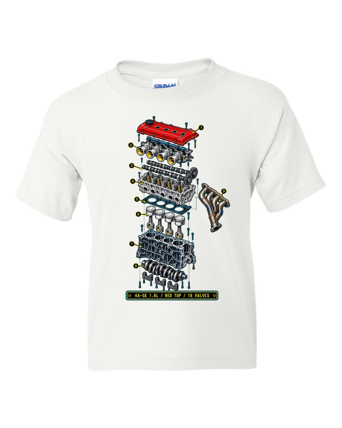 Blueprint exploded diagram of the Toyota AE86 Corolla Levin 4A-GE 1.6L engine white kids tee front view with the design
