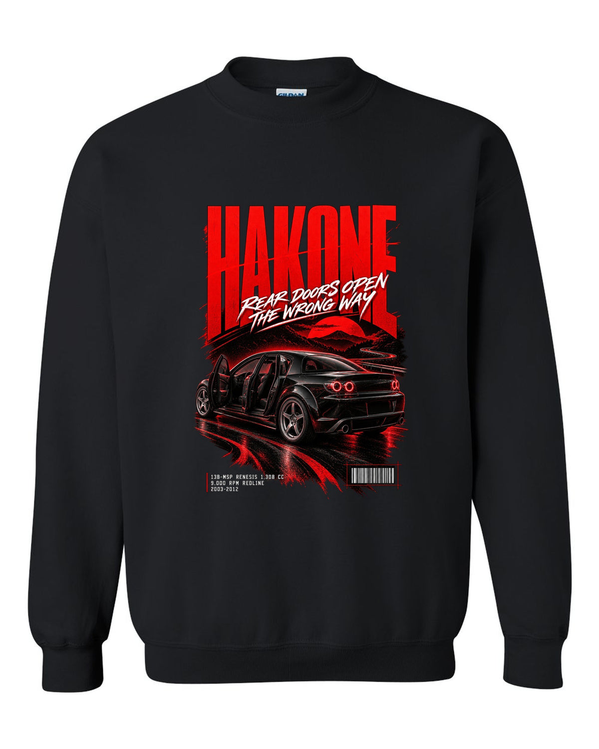 Street poster print for the 2004 Mazda RX-8 SE3P with Hakone lettering and Renesis rotary details black crewneck front view with the design