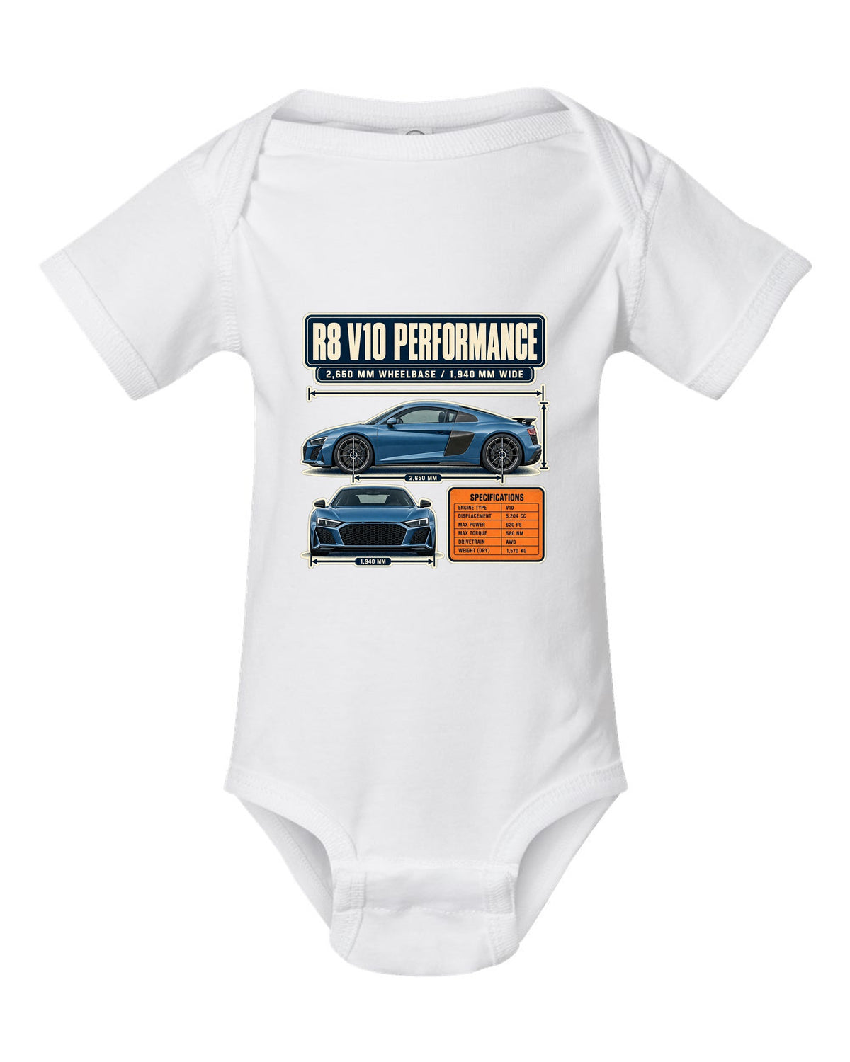 Audi R8 V10 performance Type 4S dimension blueprint print design white baby onesie front view with the design