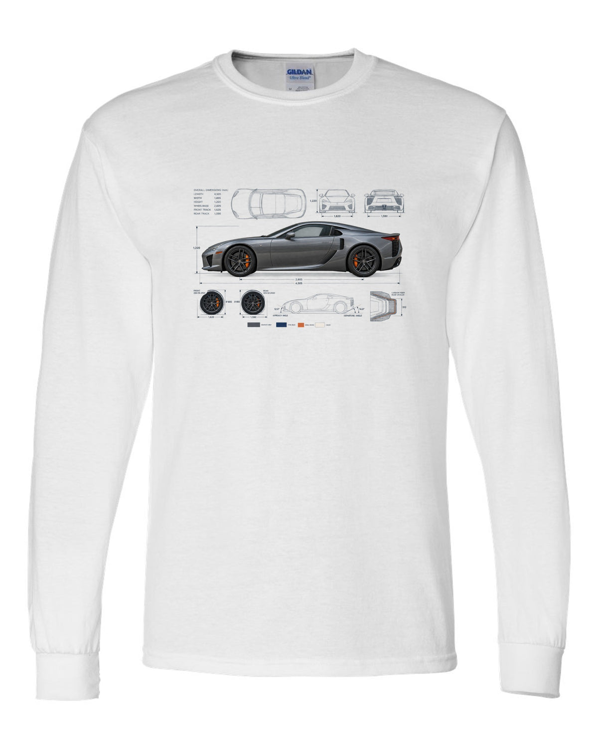 Blueprint style print of the Lexus LFA LFA10 with V10 spec lines white long sleeve front view with the design