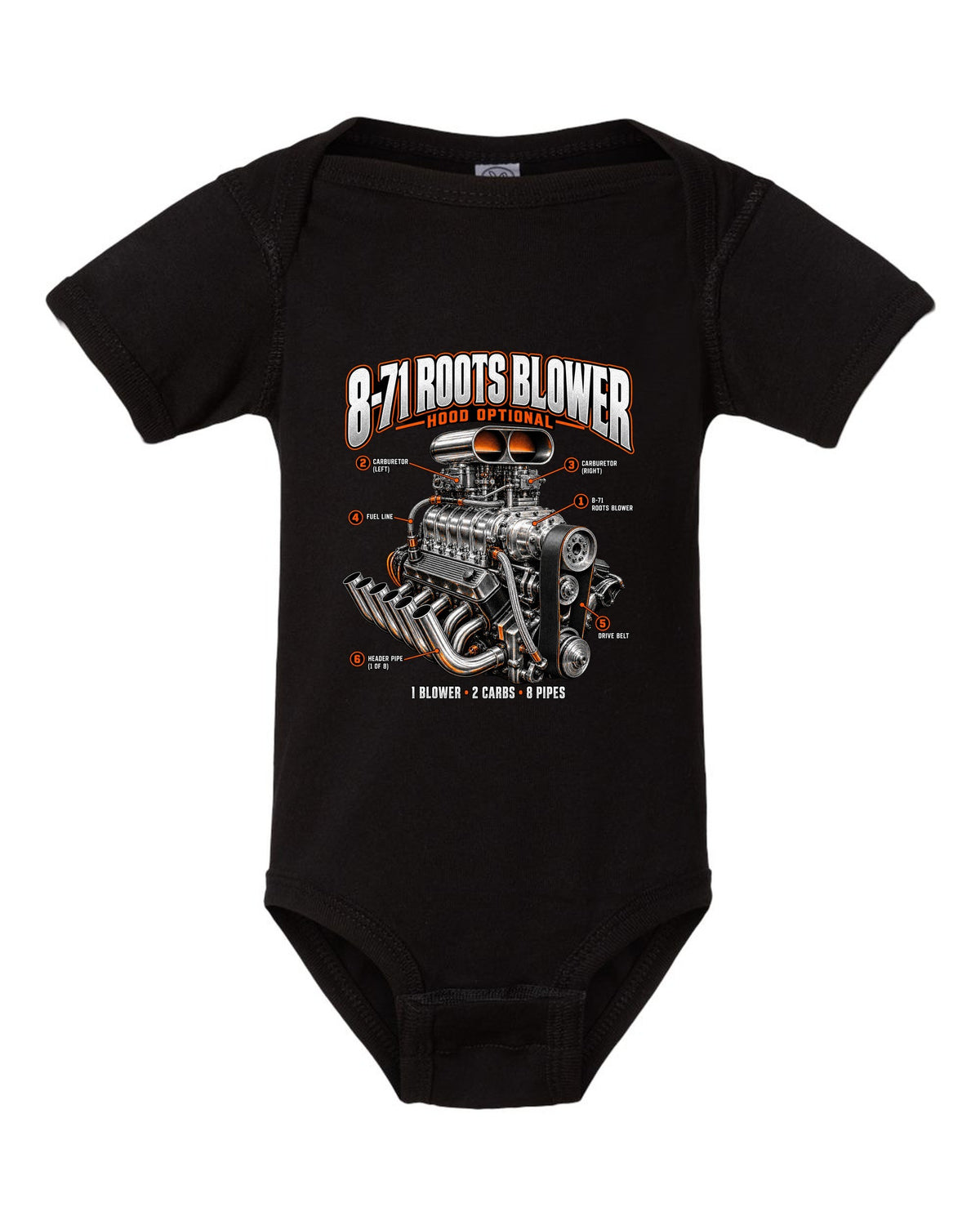 Engine callout print of a blown small-block V8 with 8-71 Roots blower black baby onesie front view with the design