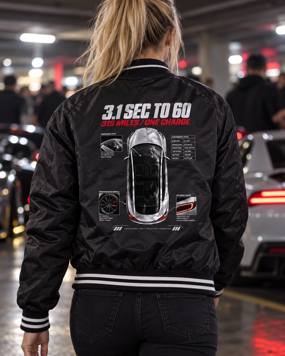 Tesla Model 3 Performance Top-Down Spec Poster Shirt Bomber Jacket Black worn hero