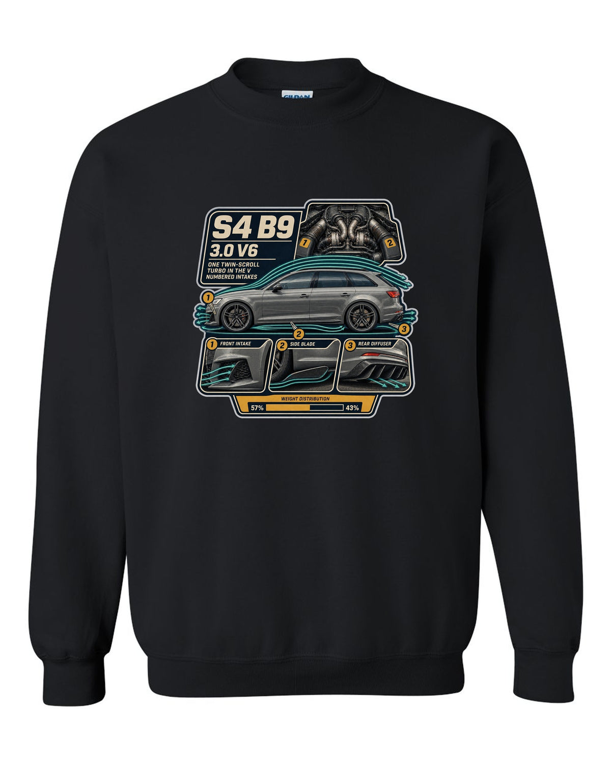Audi S4 Avant B9 airflow cutaway with numbered intake callouts print black crewneck front view with the design