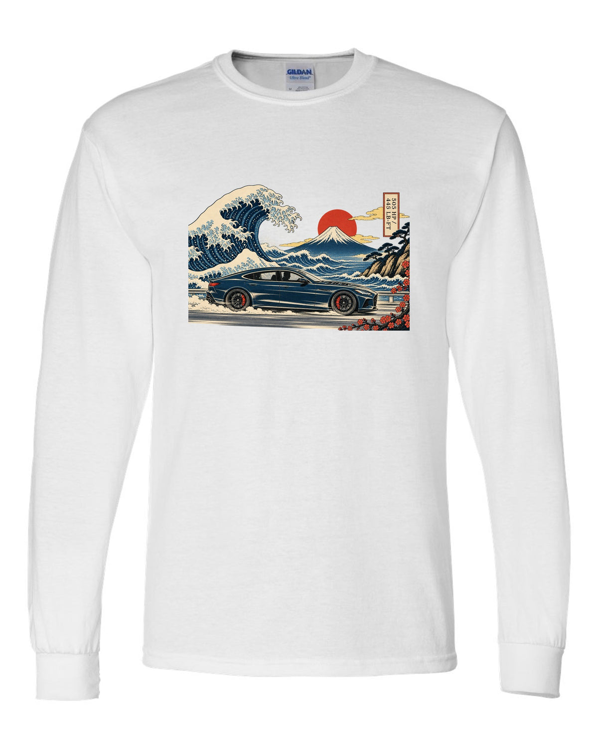 Ukiyo-e woodblock wave illustration of an Alfa Romeo Giulia Quadrifoglio with 505 HP and 443 lb-ft white long sleeve front view with the design