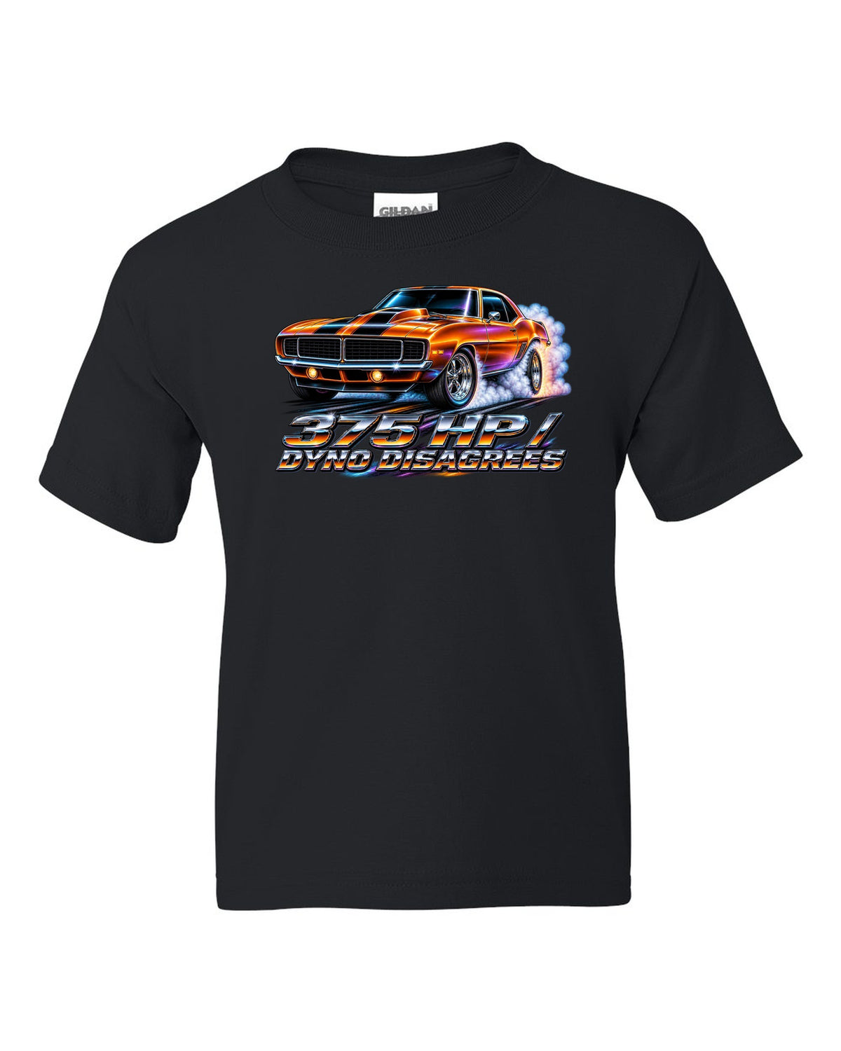 1969 Camaro SS 396 doing a burnout in 80s airbrush chrome style with text 375 HP Dyno Disagrees black kids tee front view with the design