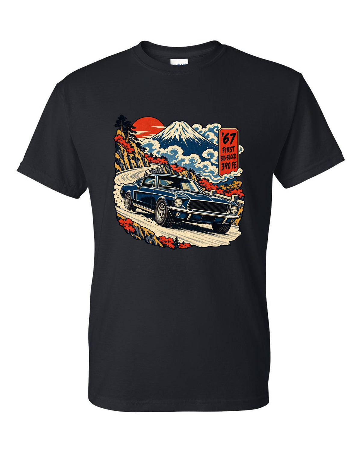 Ukiyo-e woodblock print of a 1967 Ford Mustang fastback with 390 FE first big-block text black t-shirt front view with the design