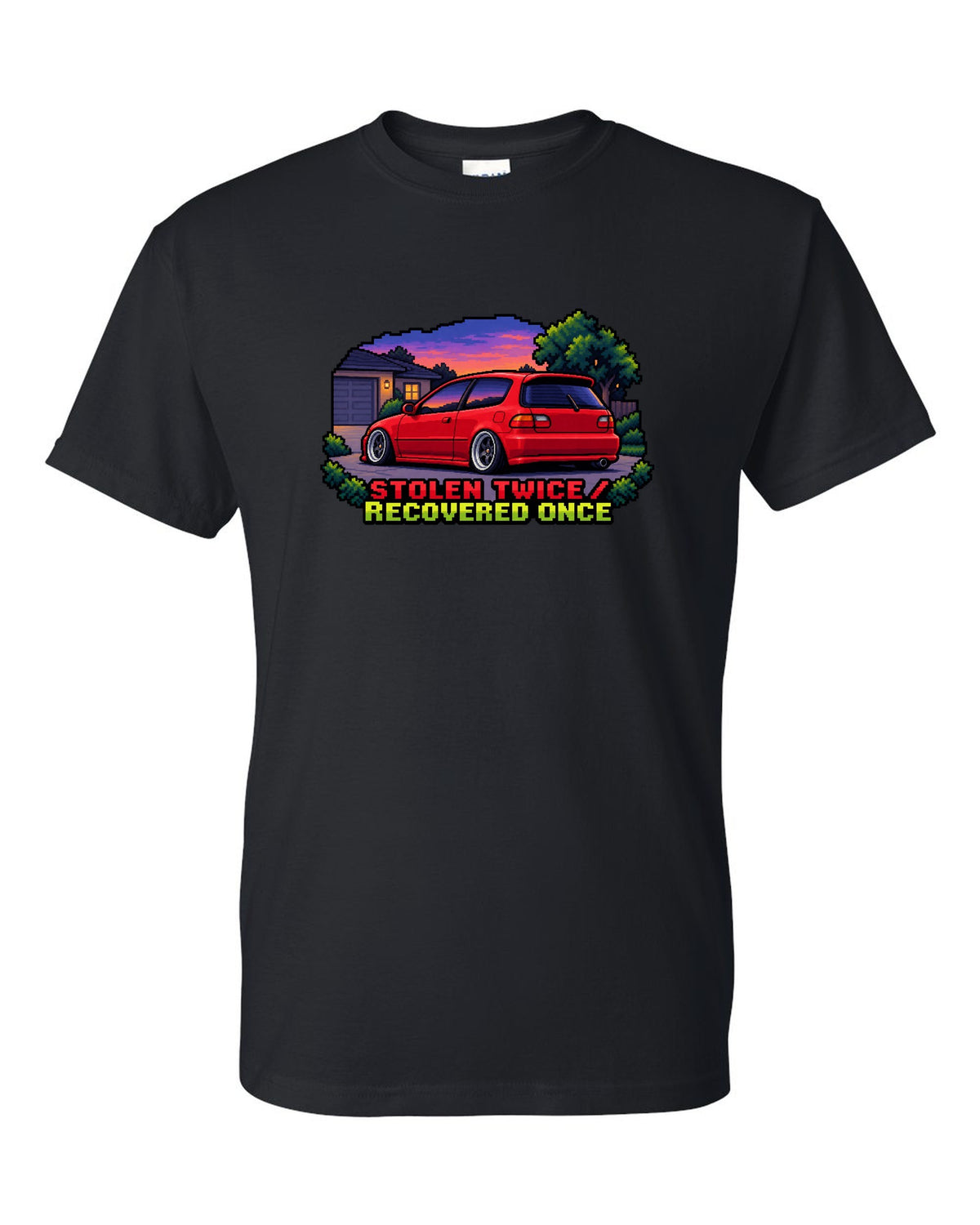 16-bit pixel art Honda Civic EG6 SiR print with stolen twice text black t-shirt front view with the design