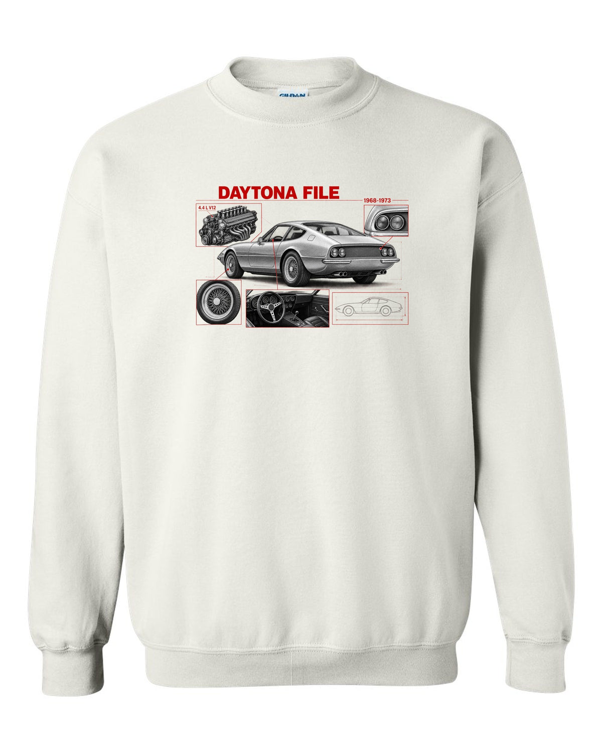 Engine hero print of a Ferrari 365 GTB/4 Daytona V12 with six twin-choke Weber carburettors white crewneck front view with the design