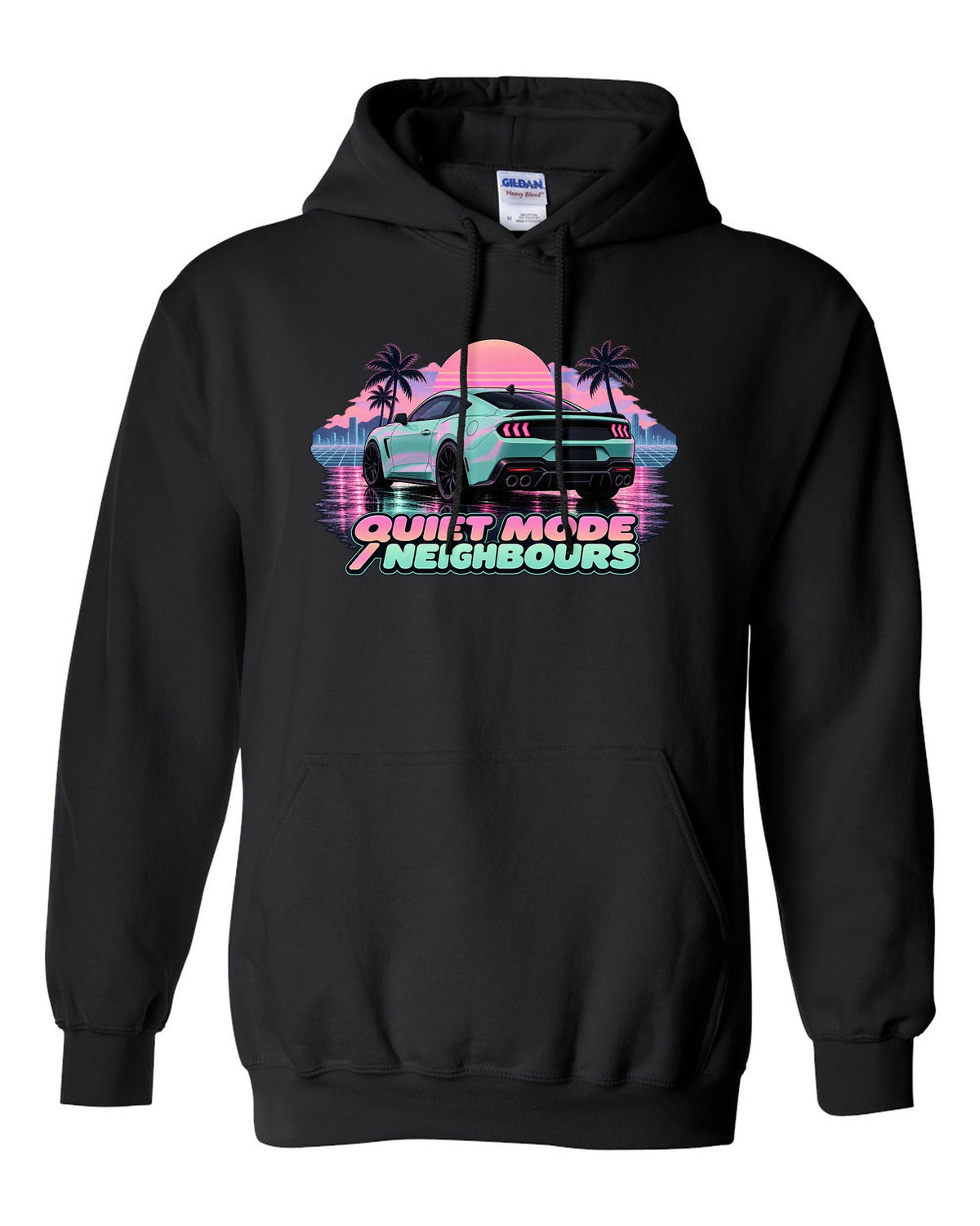Vaporwave pastel print of a 2024 S650 Mustang coupe on wet asphalt with Quiet Mode text black pull over hoodie front view with the design
