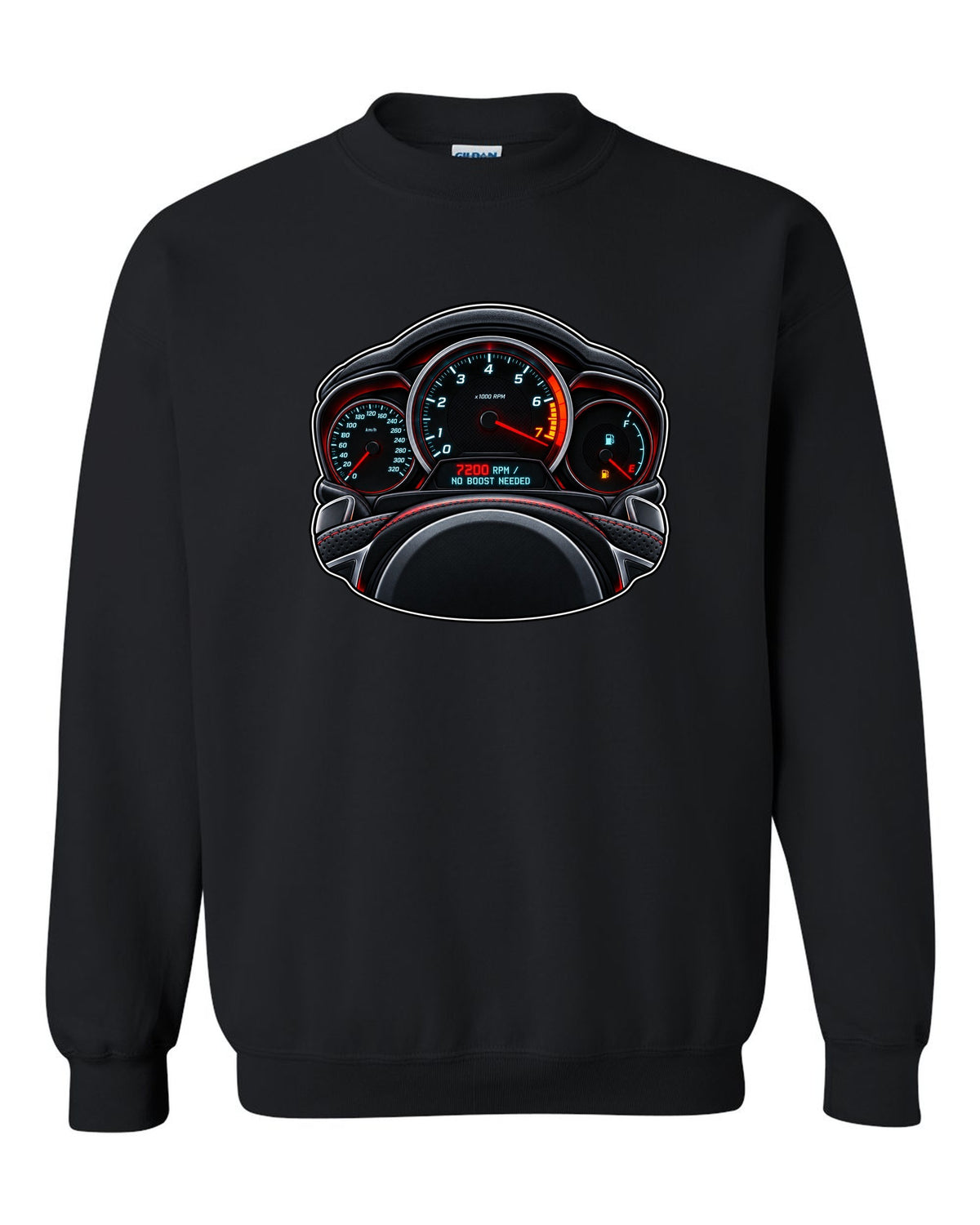 Gauge-cluster HUD print for a Mercedes C63 AMG W204 with 7200 RPM black crewneck front view with the design