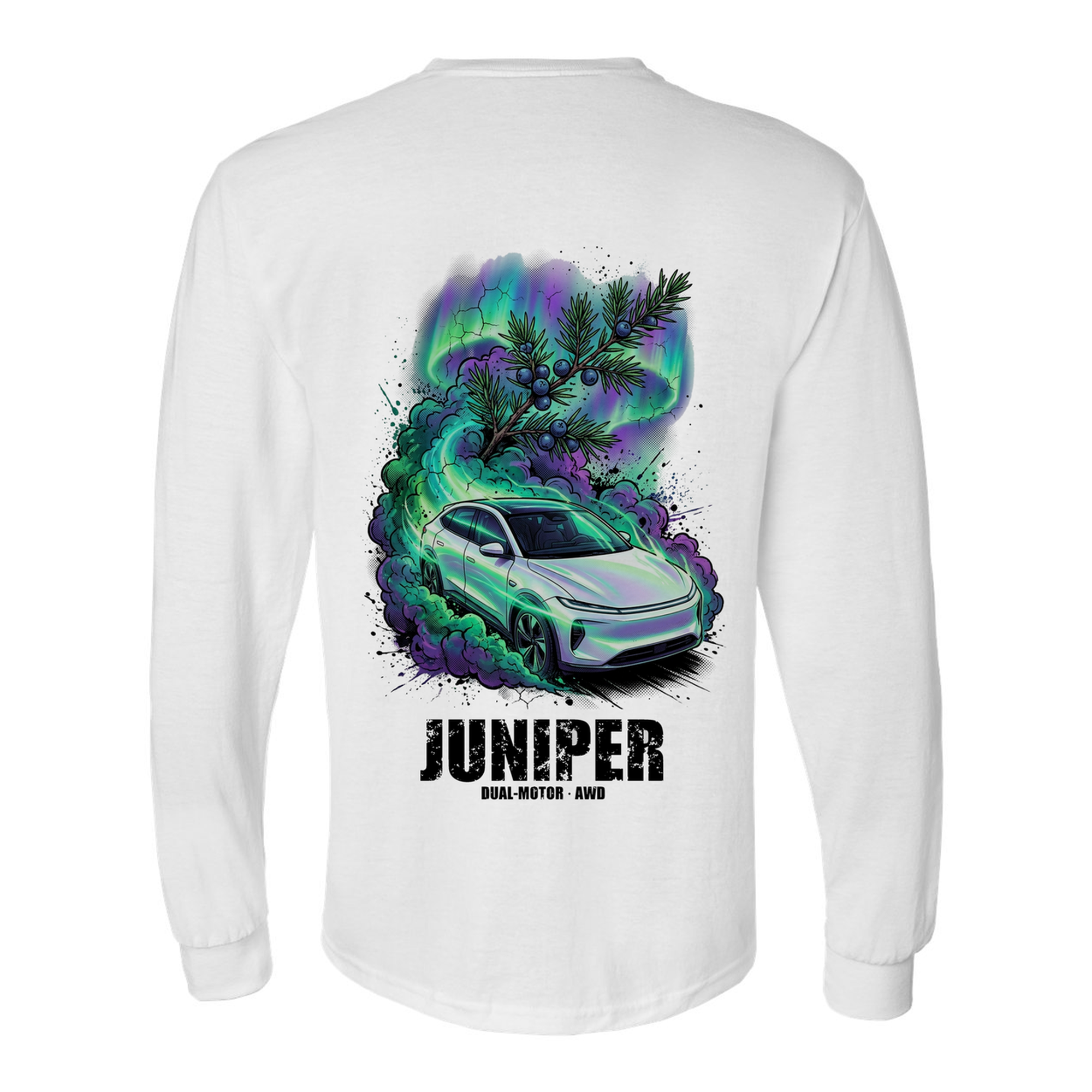 Tesla Model Y Juniper Long Sleeve T-Shirt — White back