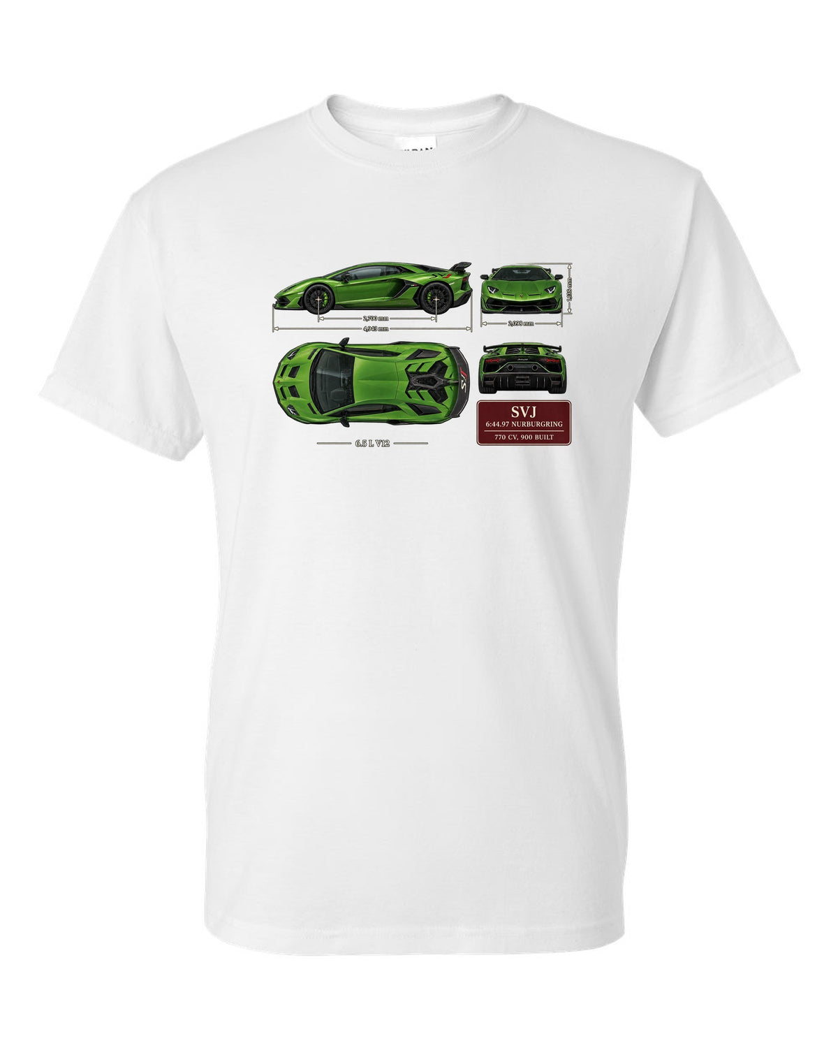 Dimension blueprint print of the Lamborghini Aventador SVJ with Nurburgring lap time white t-shirt front view with the design