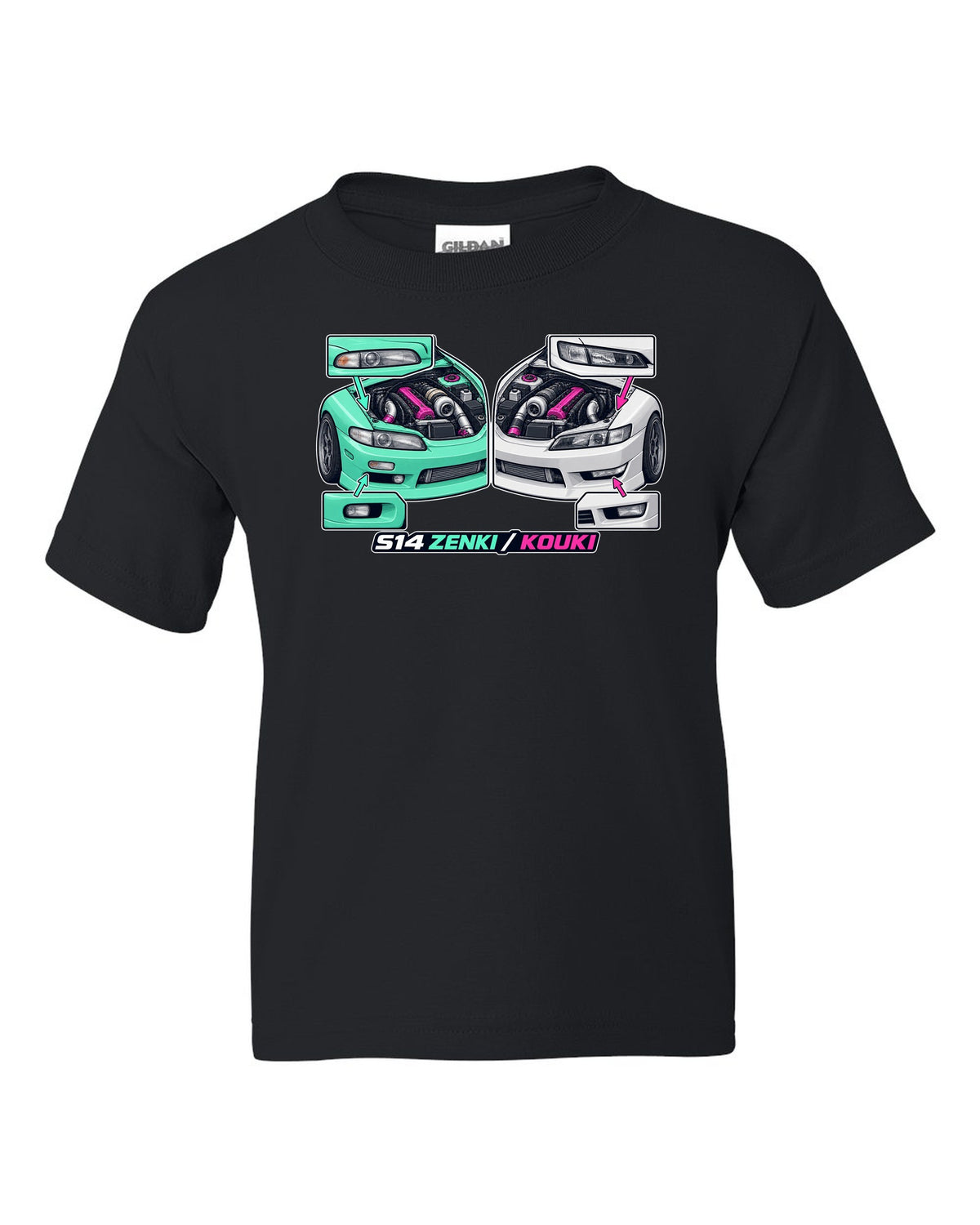 Isometric cutaway print of a 1993 Nissan Silvia S14 with Zenki and Kouki lettering black kids tee front view with the design