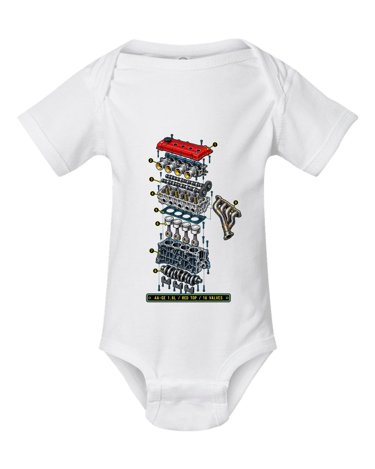 Blueprint exploded diagram of the Toyota AE86 Corolla Levin 4A-GE 1.6L engine white baby onesie front view with the design