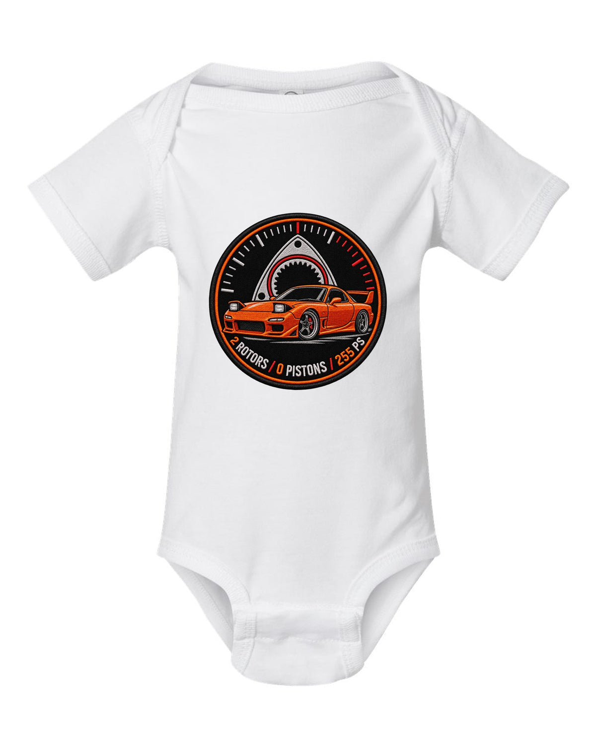 Round embroidery-style crest print for the Mazda RX-7 FD3S with 2 rotors 0 pistons 255 PS lettering white baby onesie front view with the design