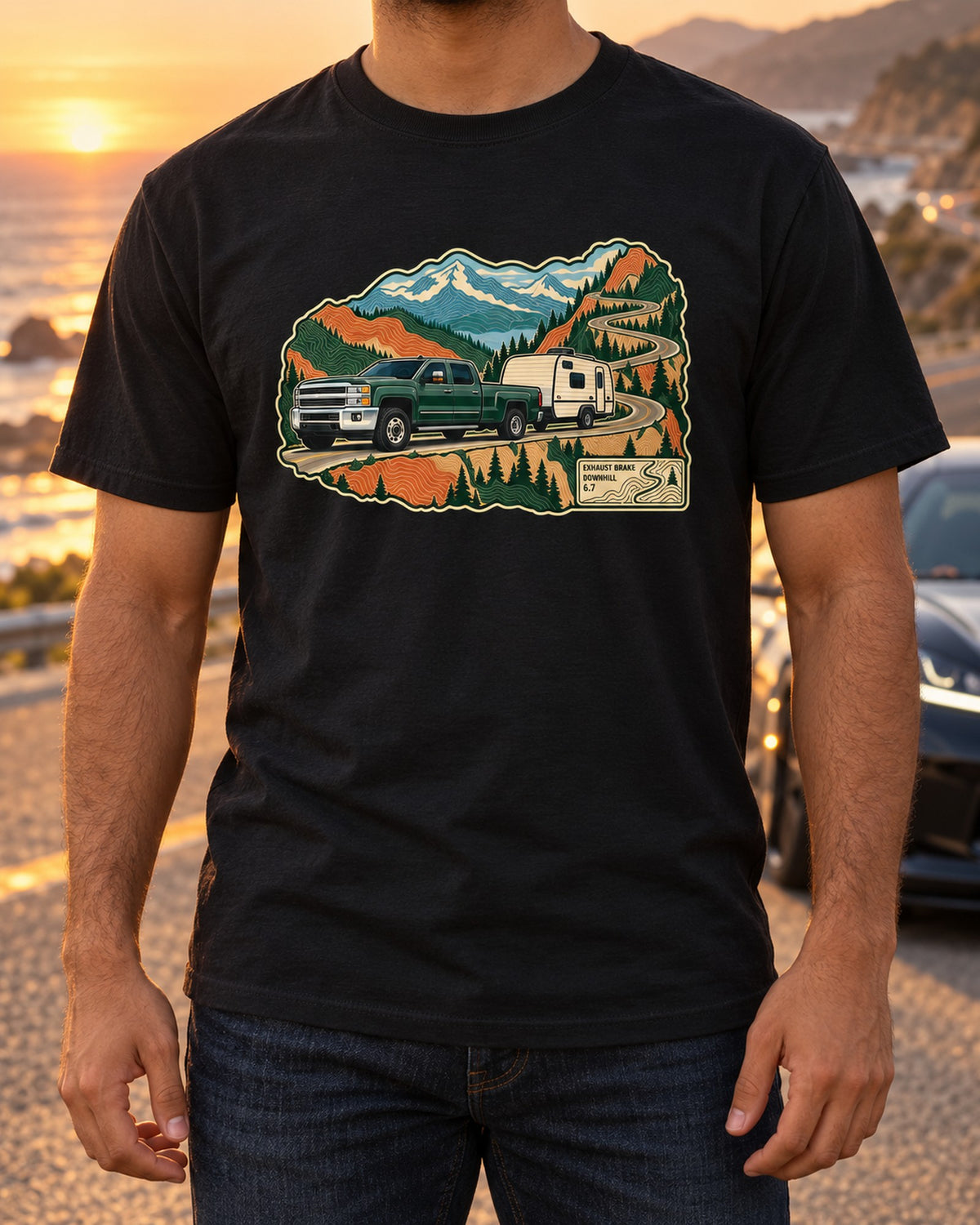 Ram 2500 6.7 Cummins Exhaust Brake Mountain Pass Map Shirt T-Shirt Black worn hero
